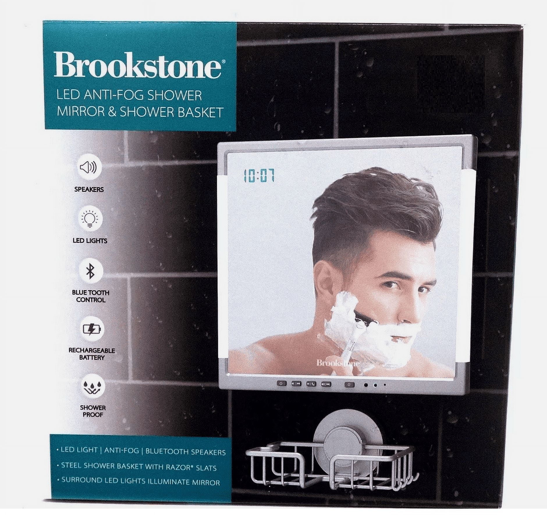 Brookstone 8X8 in. LED Light Anti-Fog Shaving Shower Mirror Bluetooth Speaker & Shelf