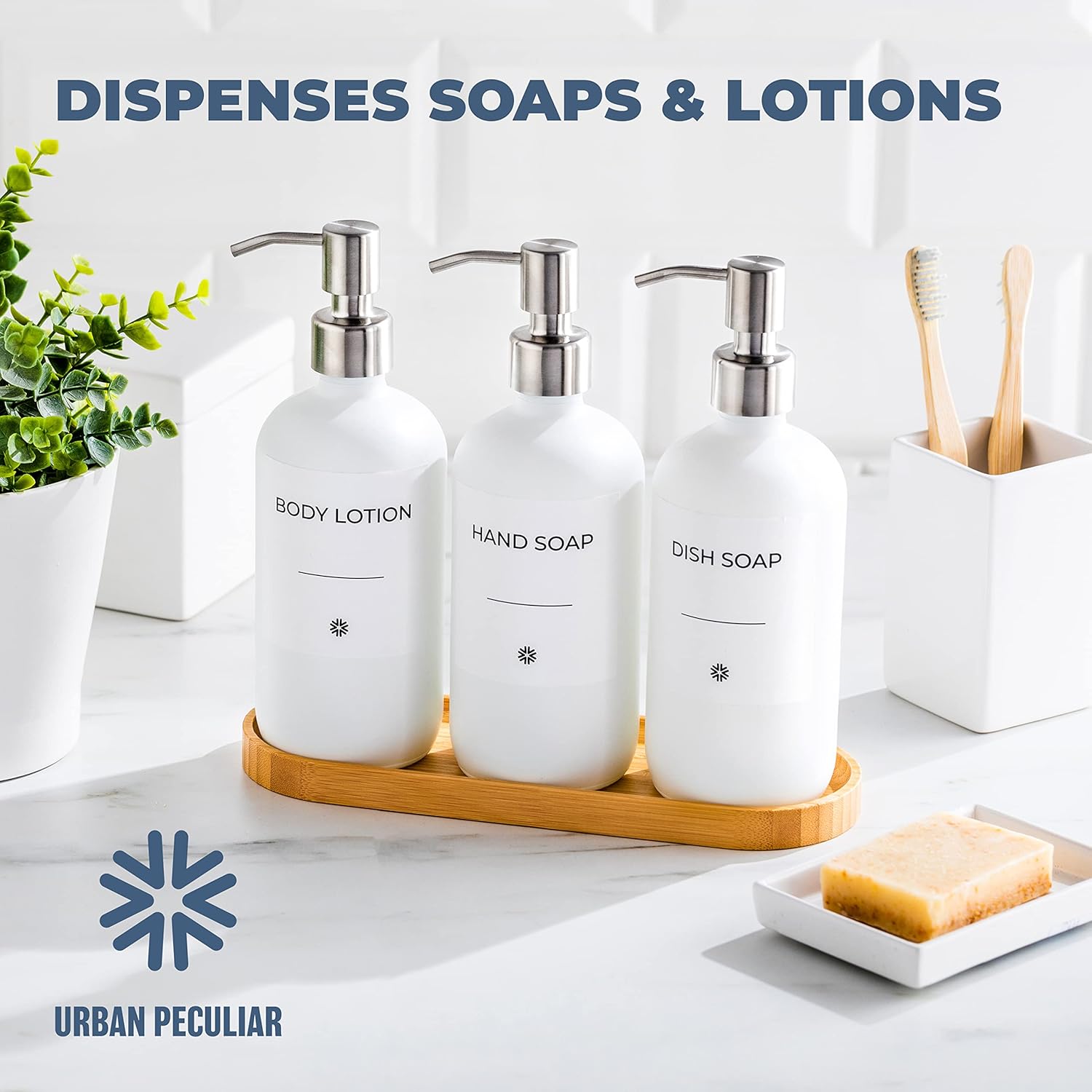 Urban Peculiar Kitchen Soap Dispenser Set with Tray - Three White Glass Dispensers with Bamboo Tray & 8 Reusable Labels for Dish Soap, Hand Soap, Shampoo, and More