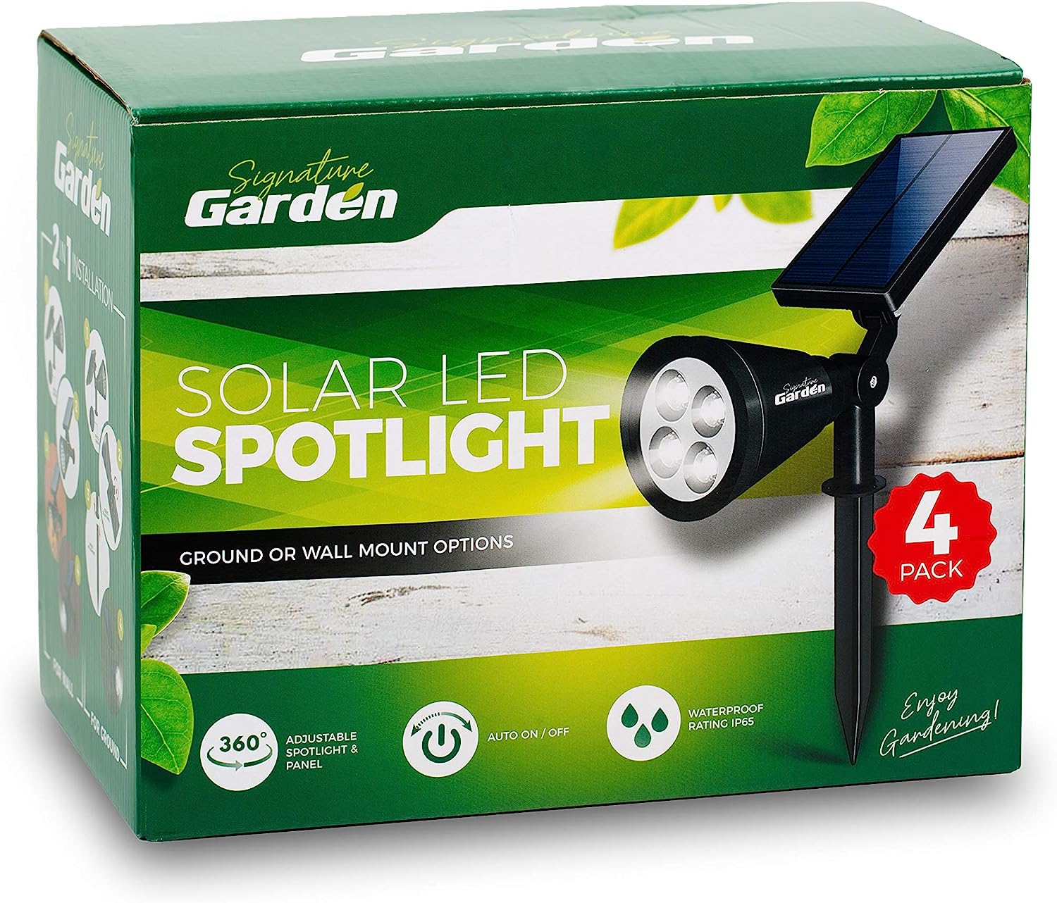 Signature Garden LED Solar Garden Spotlights (4 Pack) Super-Bright, Easy No-Wire Installation with Ground or Wall Mount Option. Auto On/Off. All-Weather/Water-Resistant