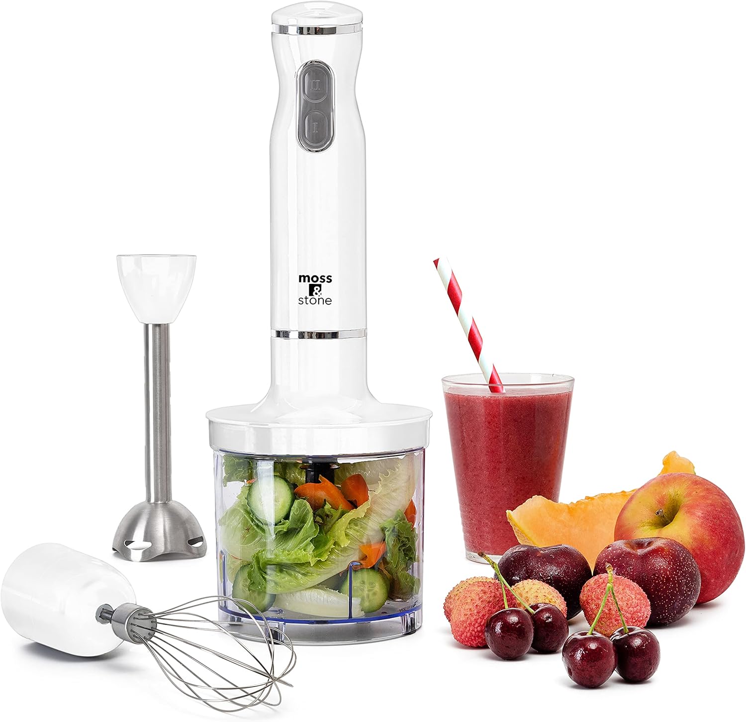 Moss & Stone Stainless Steel 300 Watt Hand Blender with Egg Whisk & Chopper