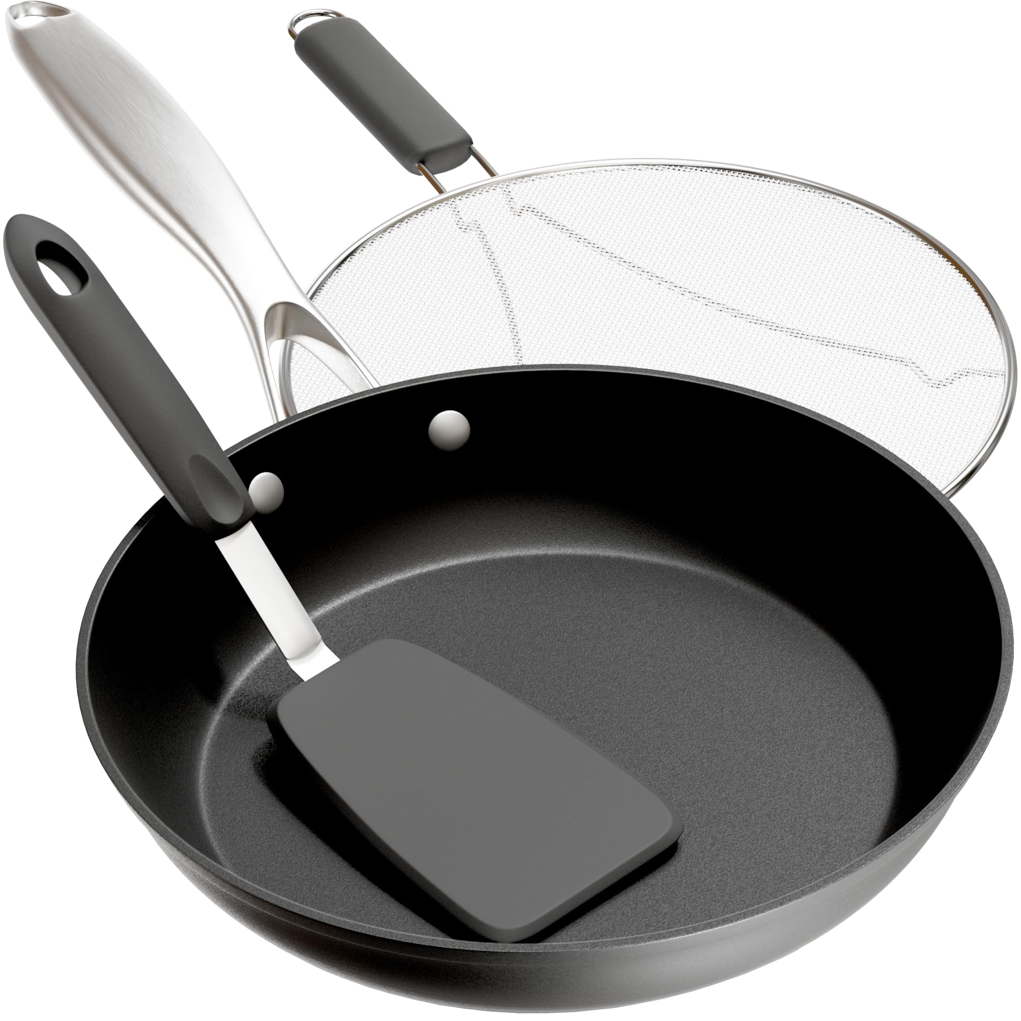 Belwares Lightweight Aluminum 10" Non Stick Frying Pan with Lid Splatter Screen & Spatula