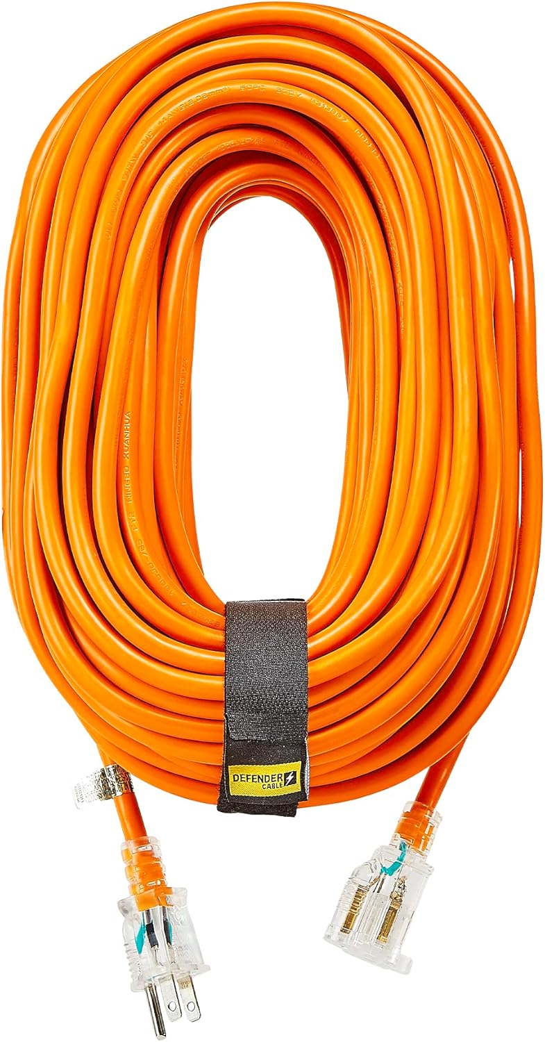 Defender Cable 14/3 Gauge, 100 ft SJTW Contractor Grade Extension Cord, with Lighted end,UL/ETL Listed, All Purpose (OSHA Compliant)