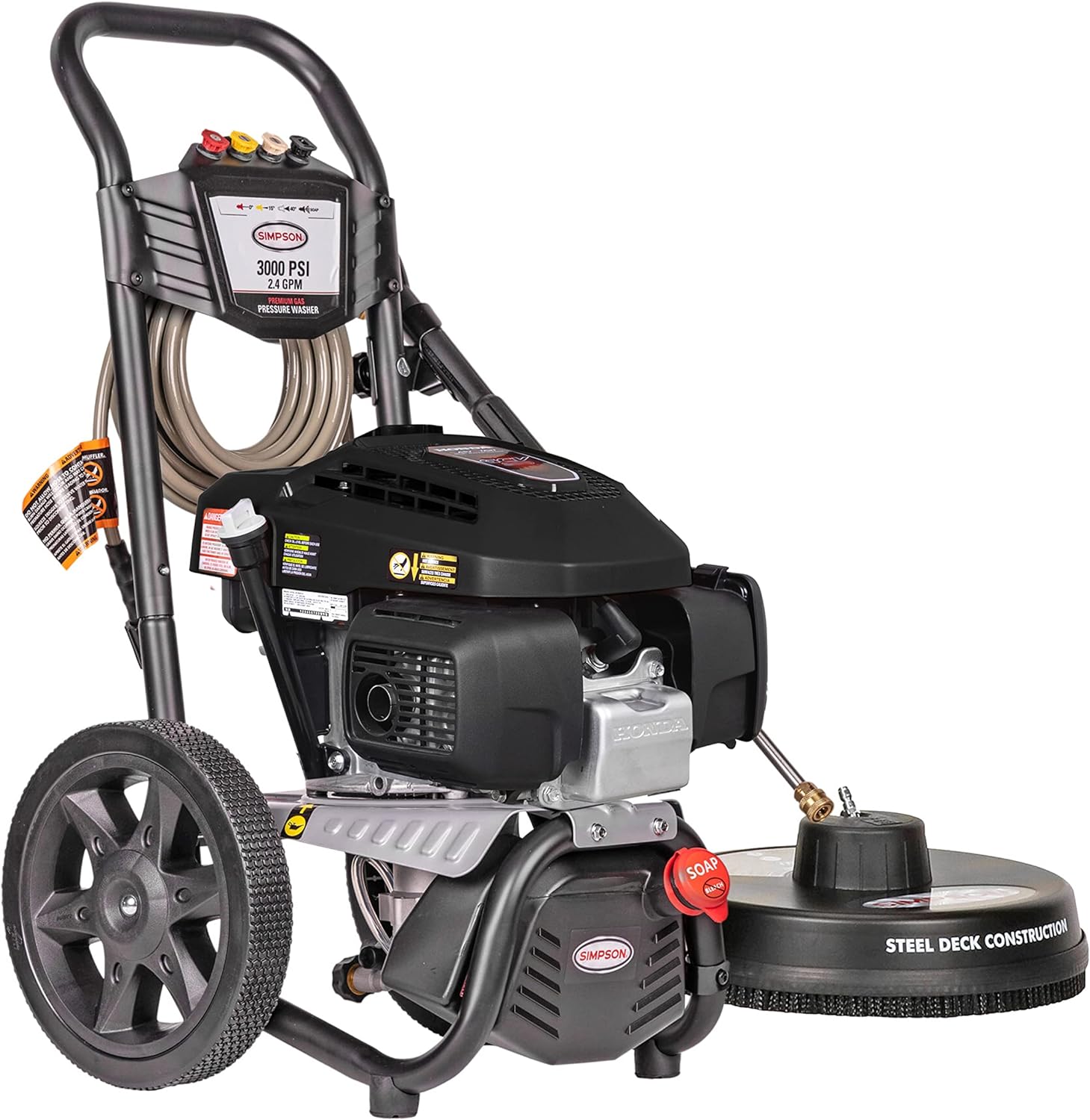 Simpson Cleaning MS60805(-S) MegaShot 3000 PSI Gas Pressure Washer, 2.4 GPM, Honda GCV170 Engine, Includes 15" Surface Cleaner, Spray Gun, Extension Wand, On-board Soap Tank, 4 QC Nozzles, 25-ft. Hose Pressure Washer 3000 PSI Honda GCV170 (Refurbished)