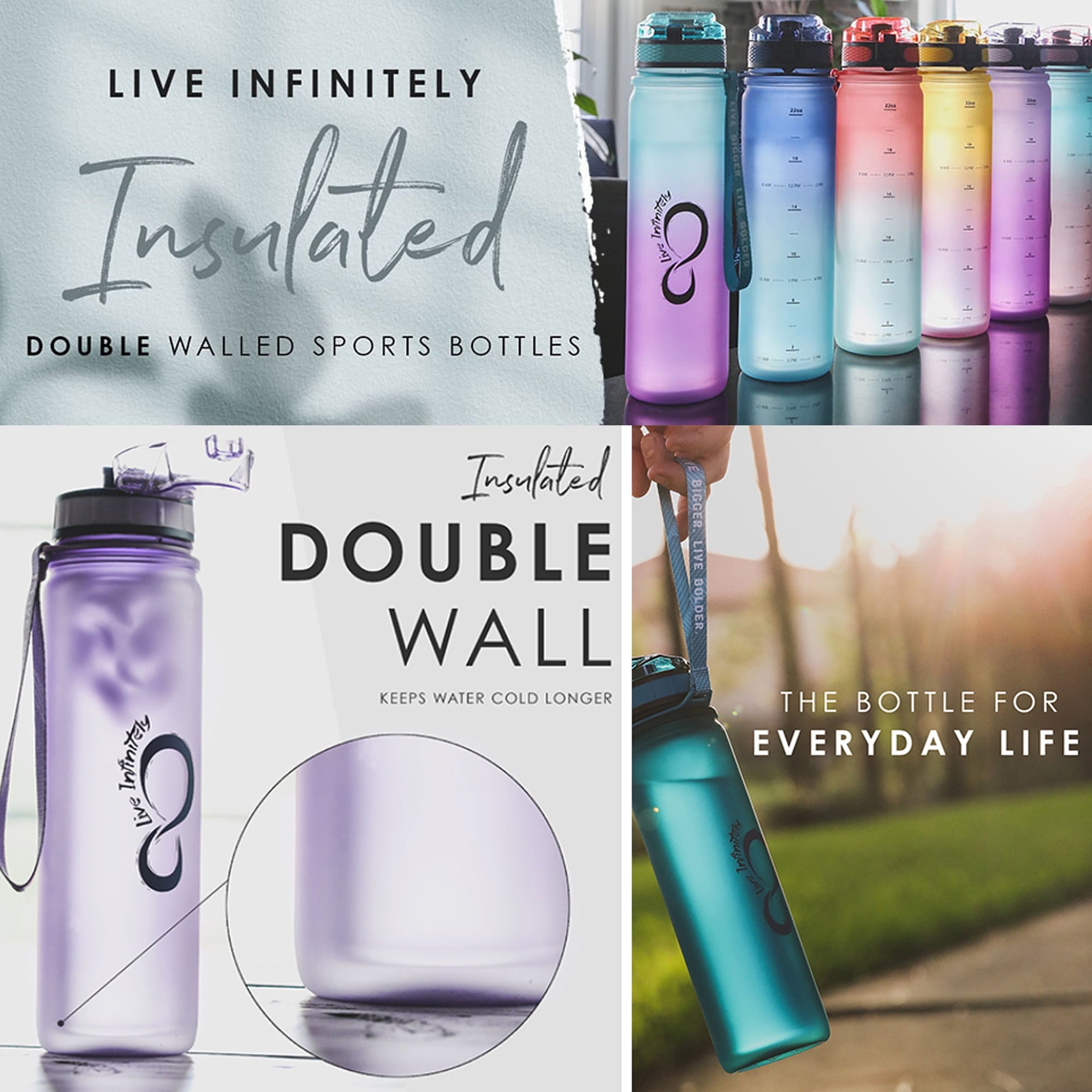 Live Infinitely Insulated Water Bottle with Time Marker BPA-Free 24oz