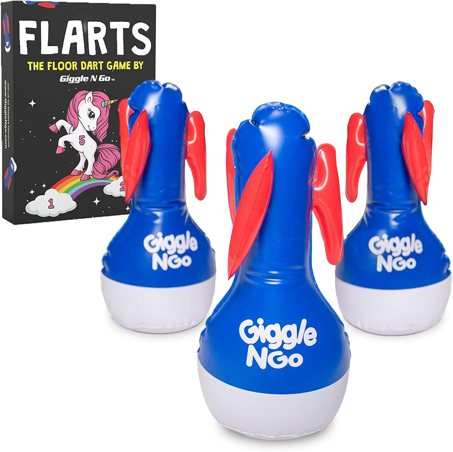 Giggle N Go Outdoor Games for Kids, Adults & Family - The Original Flarts Floor and Yard Darts Game with Inflatable Pins, Lawn Pegs and Mat Unicorn Theme