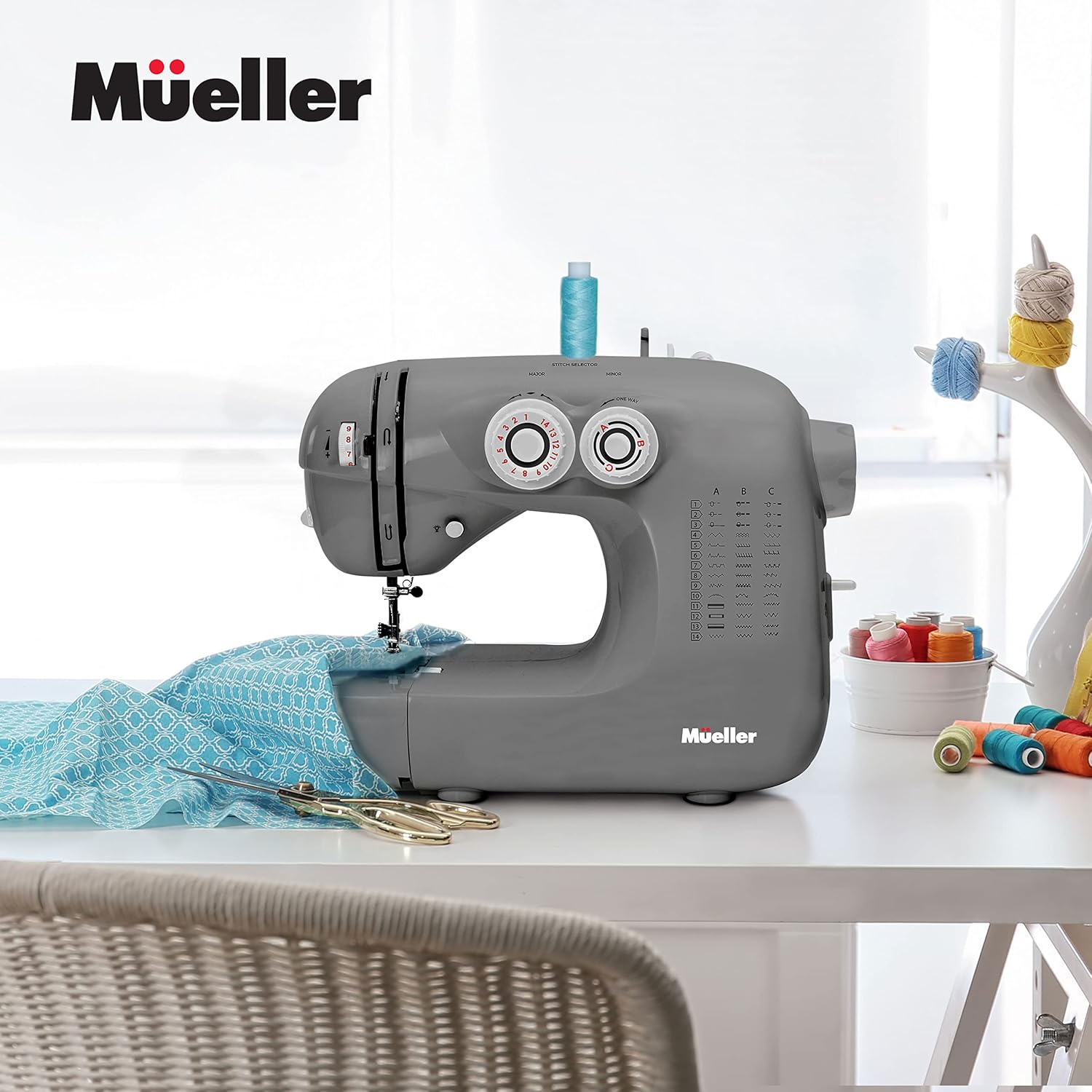 Mueller Ultra Stitch Sewing Machine, 110 Stitch Applications, LED Light, Foot Pedal, Reverse, Buttonhole, Button and Zipper Sewing, Easy to Use, Thread Cutter, Removable Accessories Storage, Grey