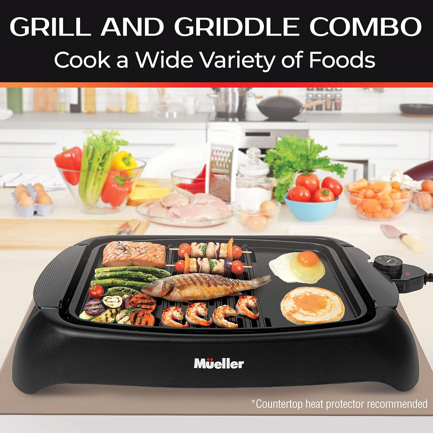 Mueller Ultra GrillPower 2-in-1 Smokeless Electric Indoor Removable Grill and Griddle Combo, Nonstick Plate, with Adjustable Temperature, 120V