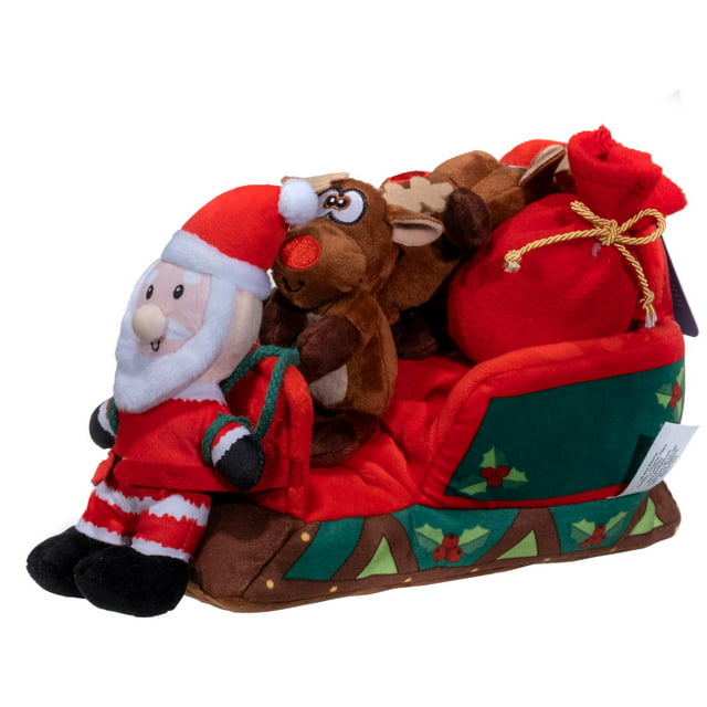 Pronk! Pets Christmas Santa & Reindeer Sled 6-Pc 11.5-Inch Durable Soft Plush Squeaky Puzzle Dog Toy Set