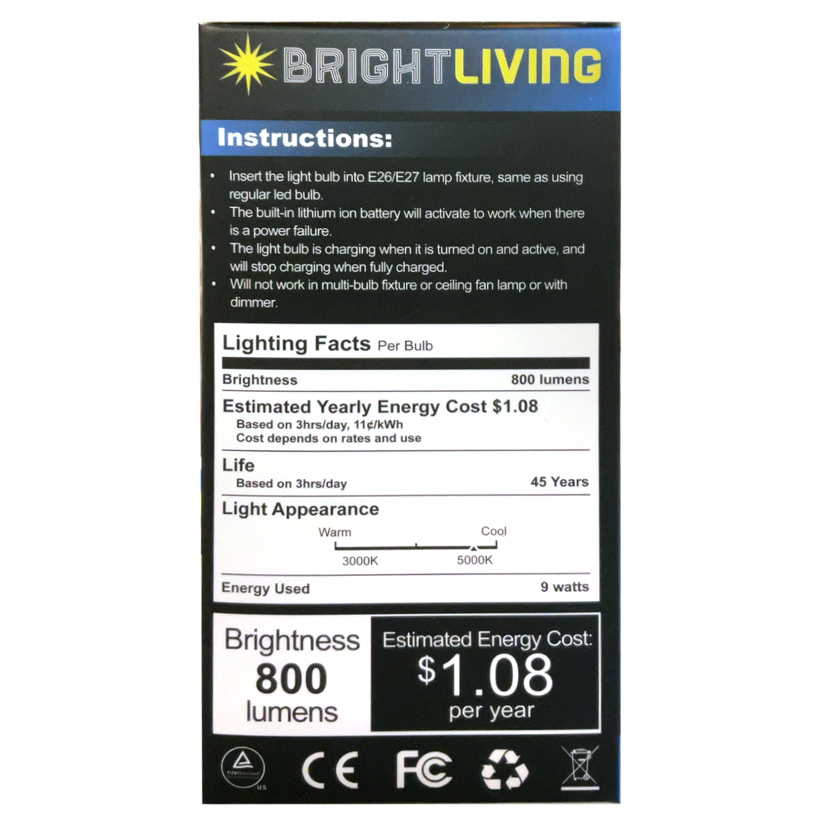 BRIGHTLIVING 800 Lumen Rechargeable Emergency LED Lighbulbs, 12 Pack