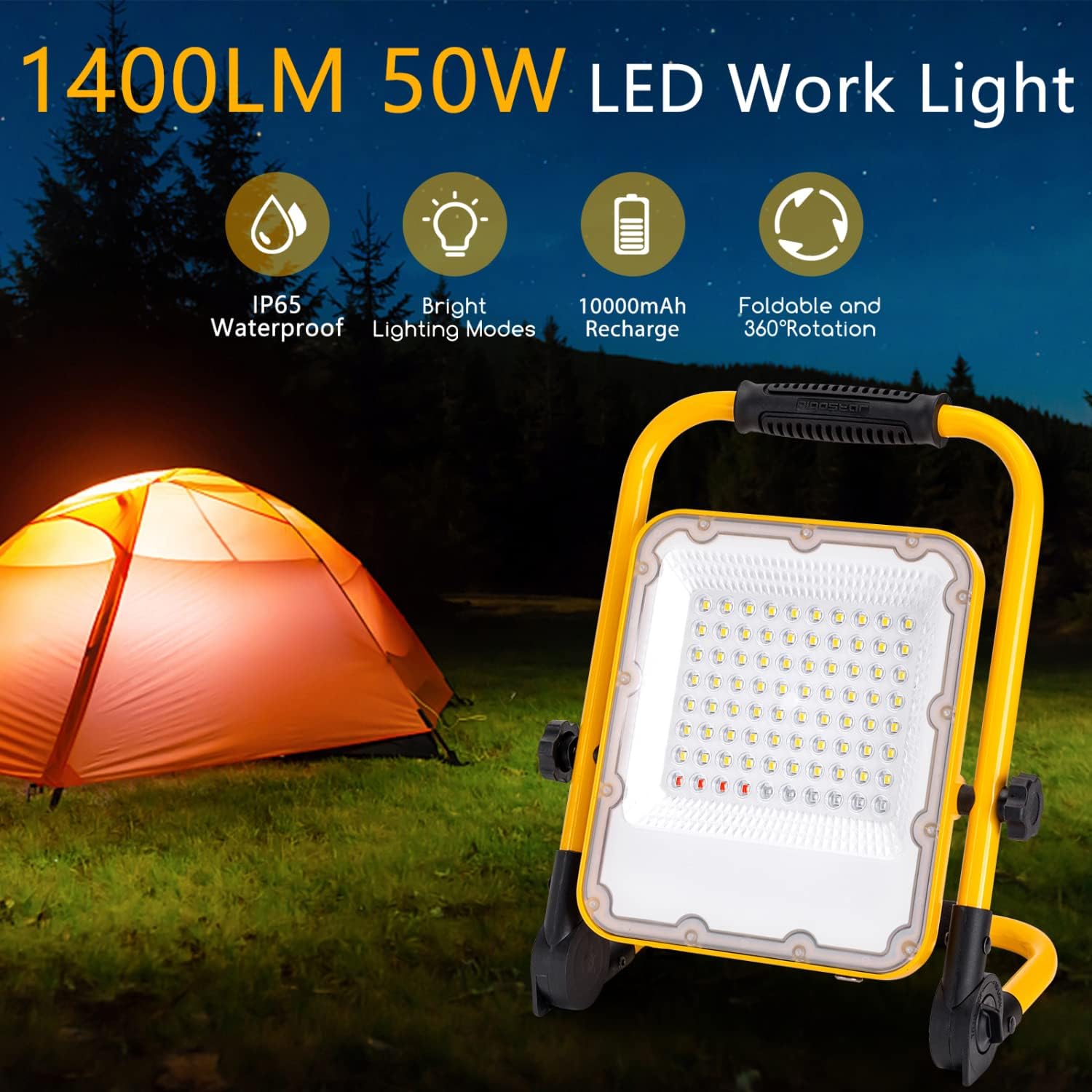 Aigostar 6500K Rechargeable LED Flood Light with Stand, 1000lm Waterproof, 4 Modes, Foldable