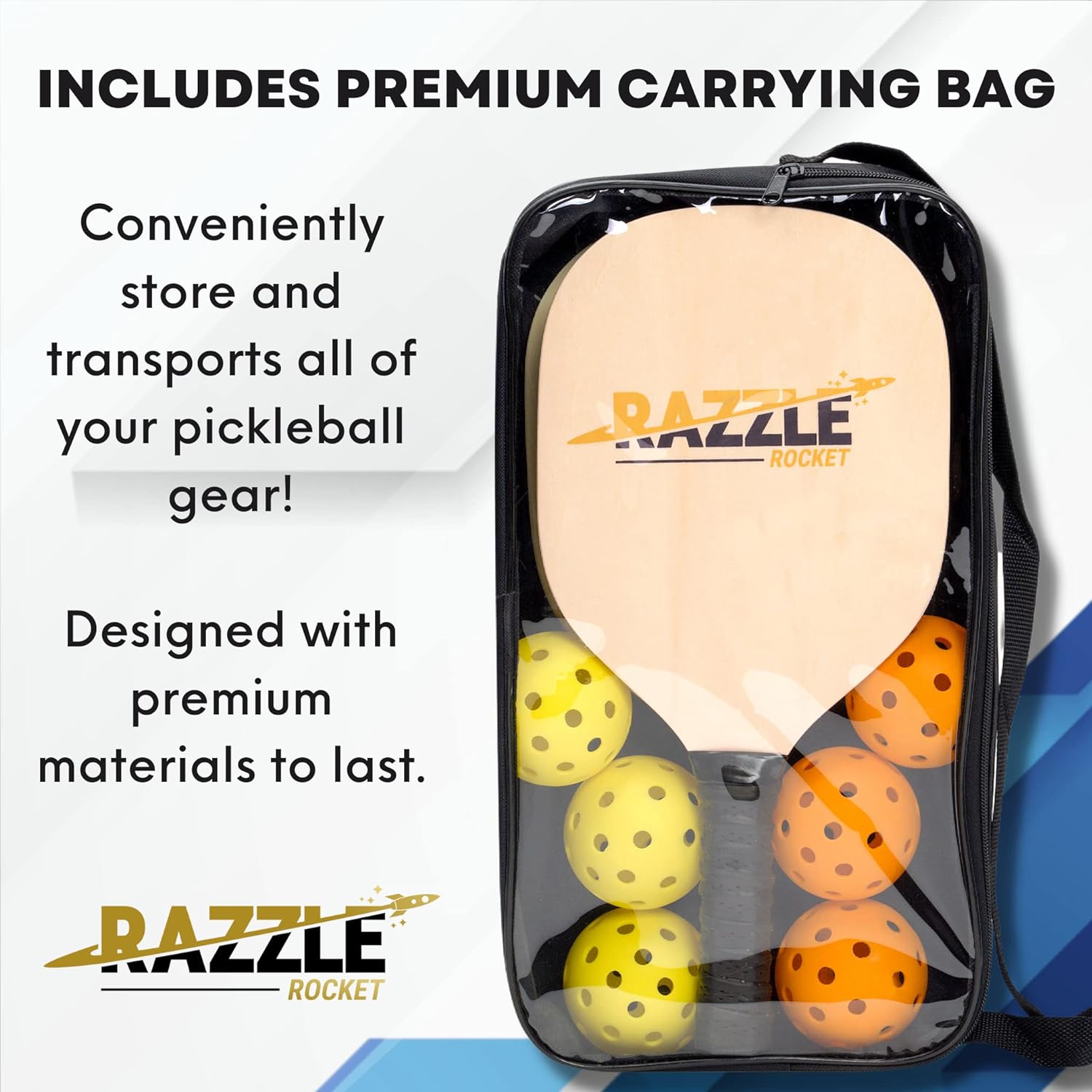 Razzle Rocket Wooden Pickleball Paddle 4 Pack - Includes 4 Paddles, 6 Pickle Balls & Carry Bag