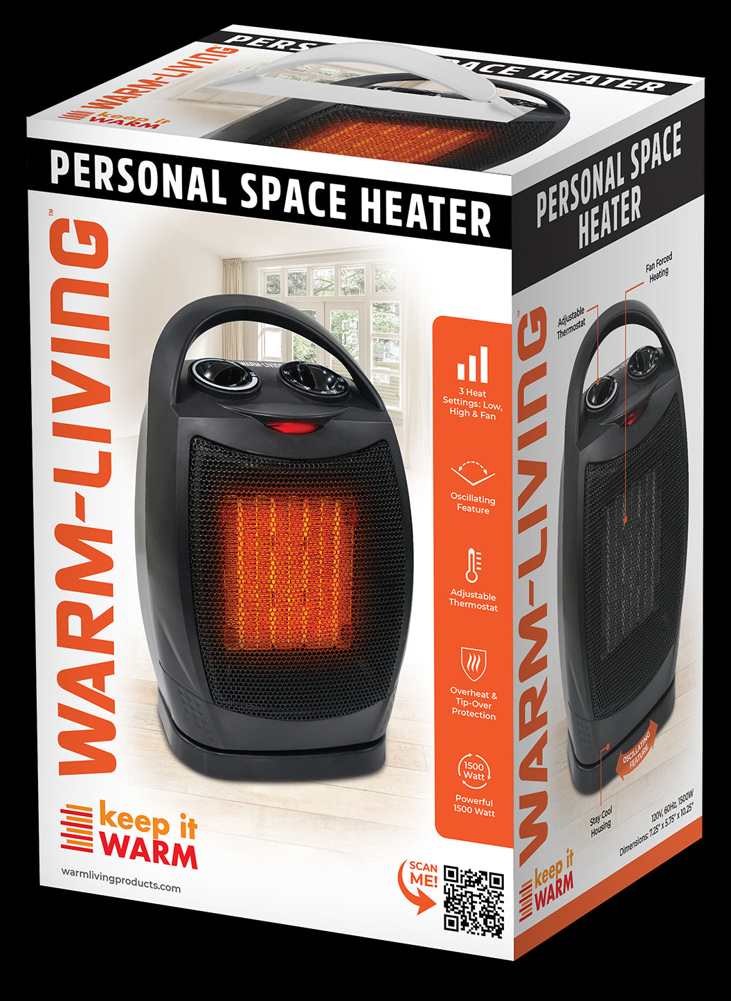 Warm Living 10" Personal Ceramic Space Heater, Oscillating Feature, 1500W