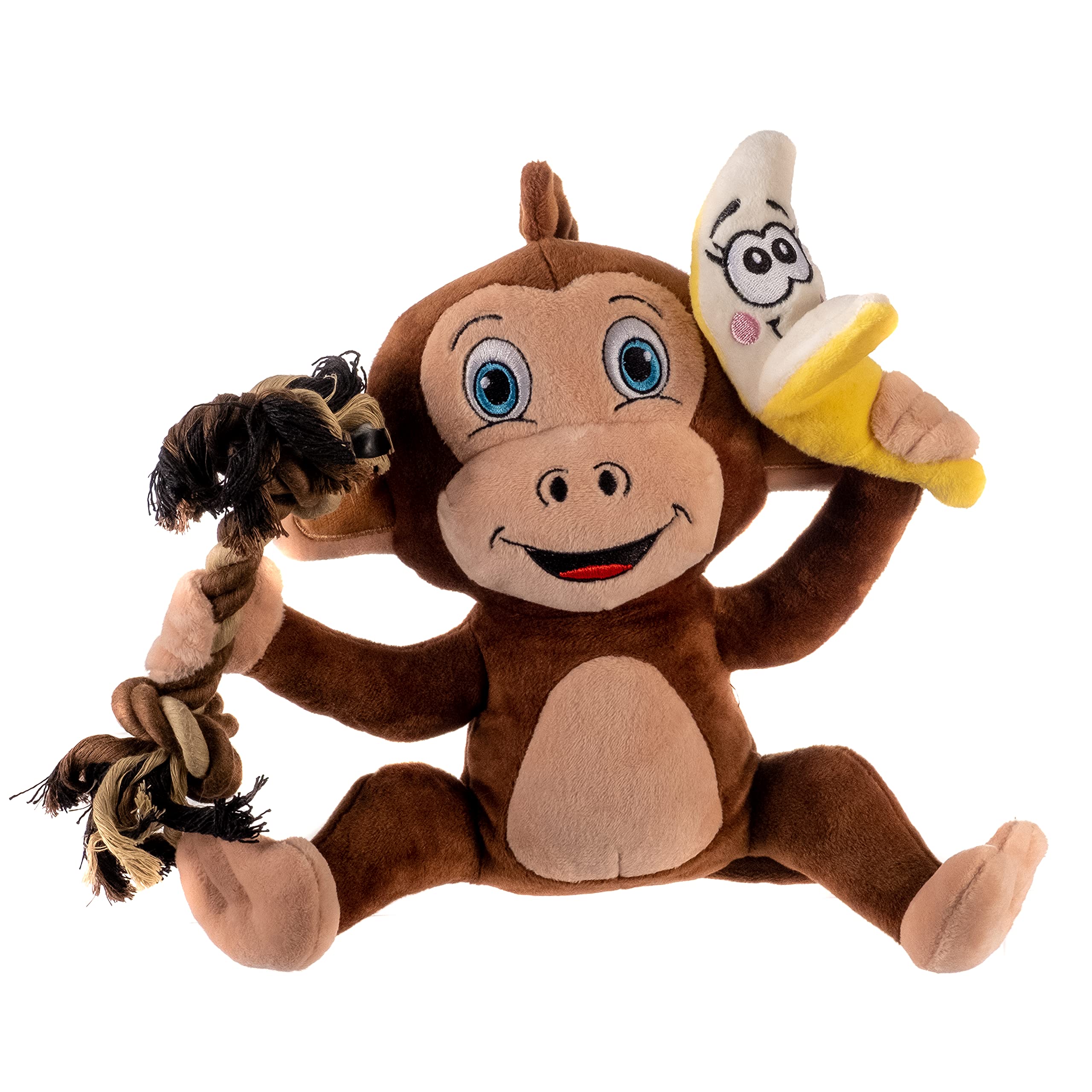 Pronk! Hungry Monkey & Banana 10 x 3 Inch Durable Soft Plush Squeaky Rope Dog Toy