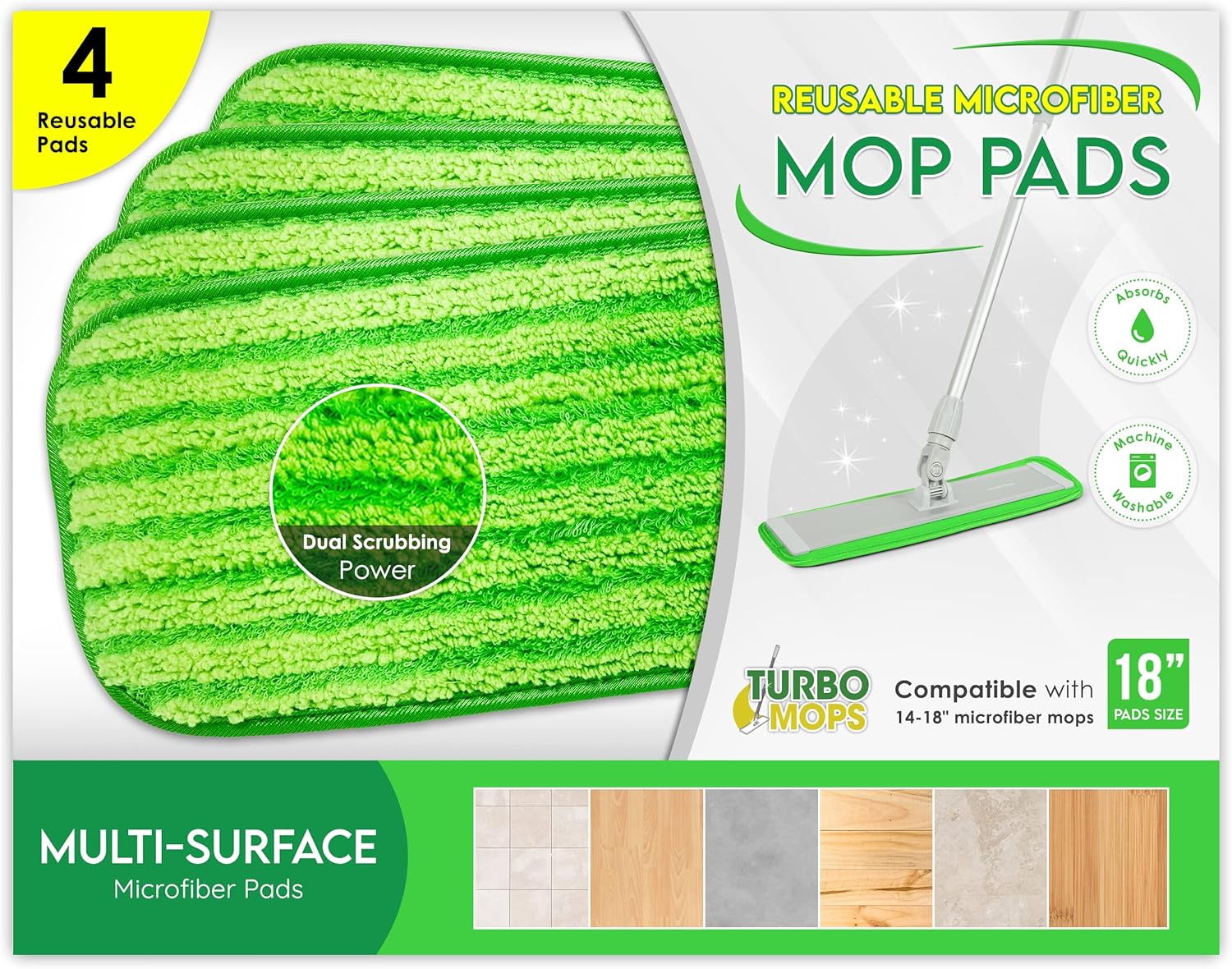 Turbo Microfiber Reusable Washable Mop Pads, 4 Pack