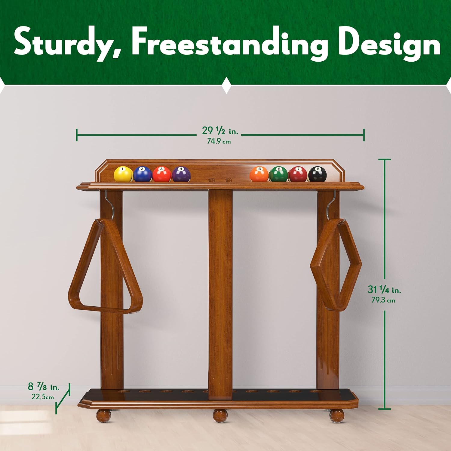 ISZY Billiards Pool Stick Rack - Cue Rack Only - Wood Floor Stand Holds 10 Pool Sticks and a Full Set of Balls - Billiards Accessories - Mahogany