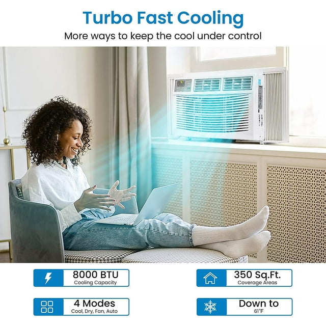 Cool Living 8,000 BTU 115V Air Conditioner with Remote, Auto-Restart, 3 Cooling & Fan Speeds, Energy Saver, White