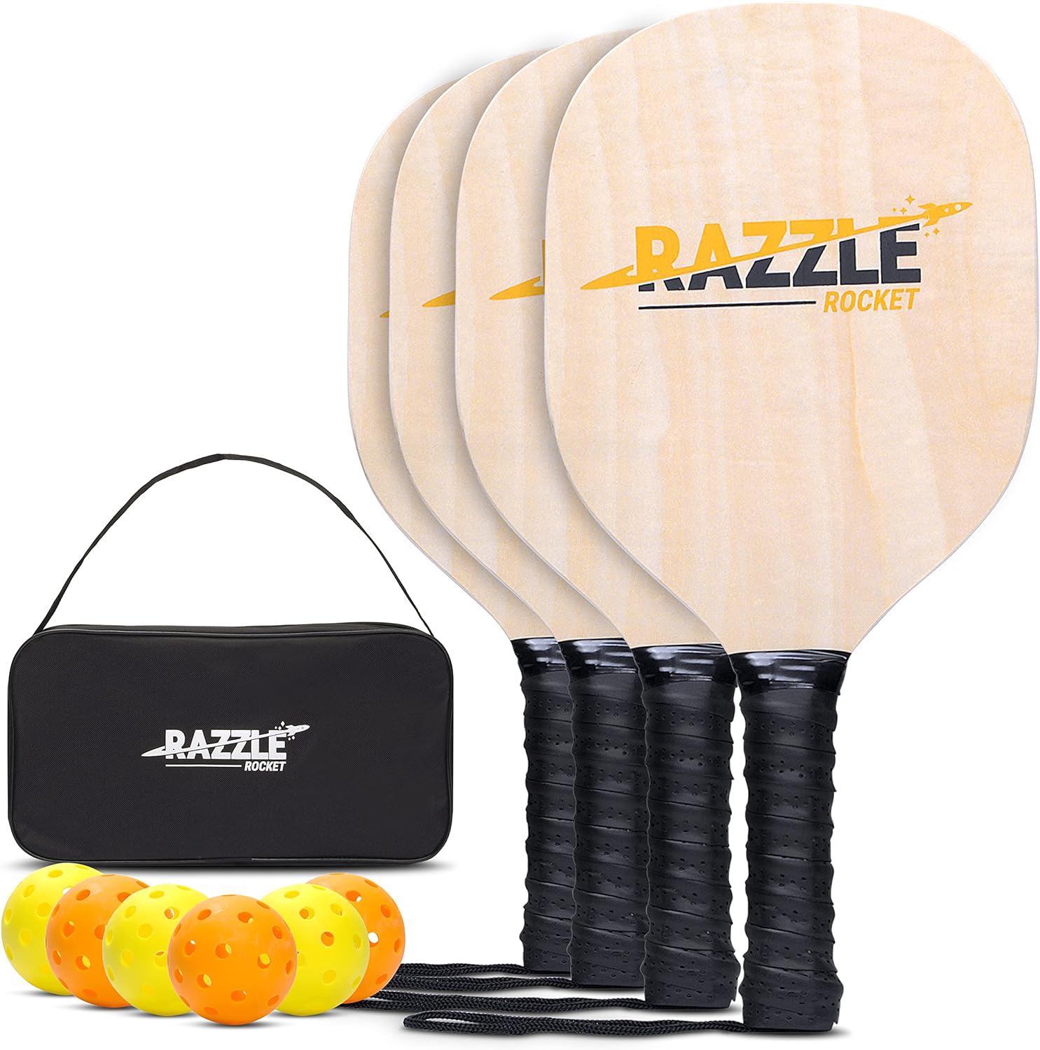 Razzle Rocket Wooden Pickleball Paddle 4 Pack - Includes 4 Paddles, 6 Pickle Balls & Carry Bag