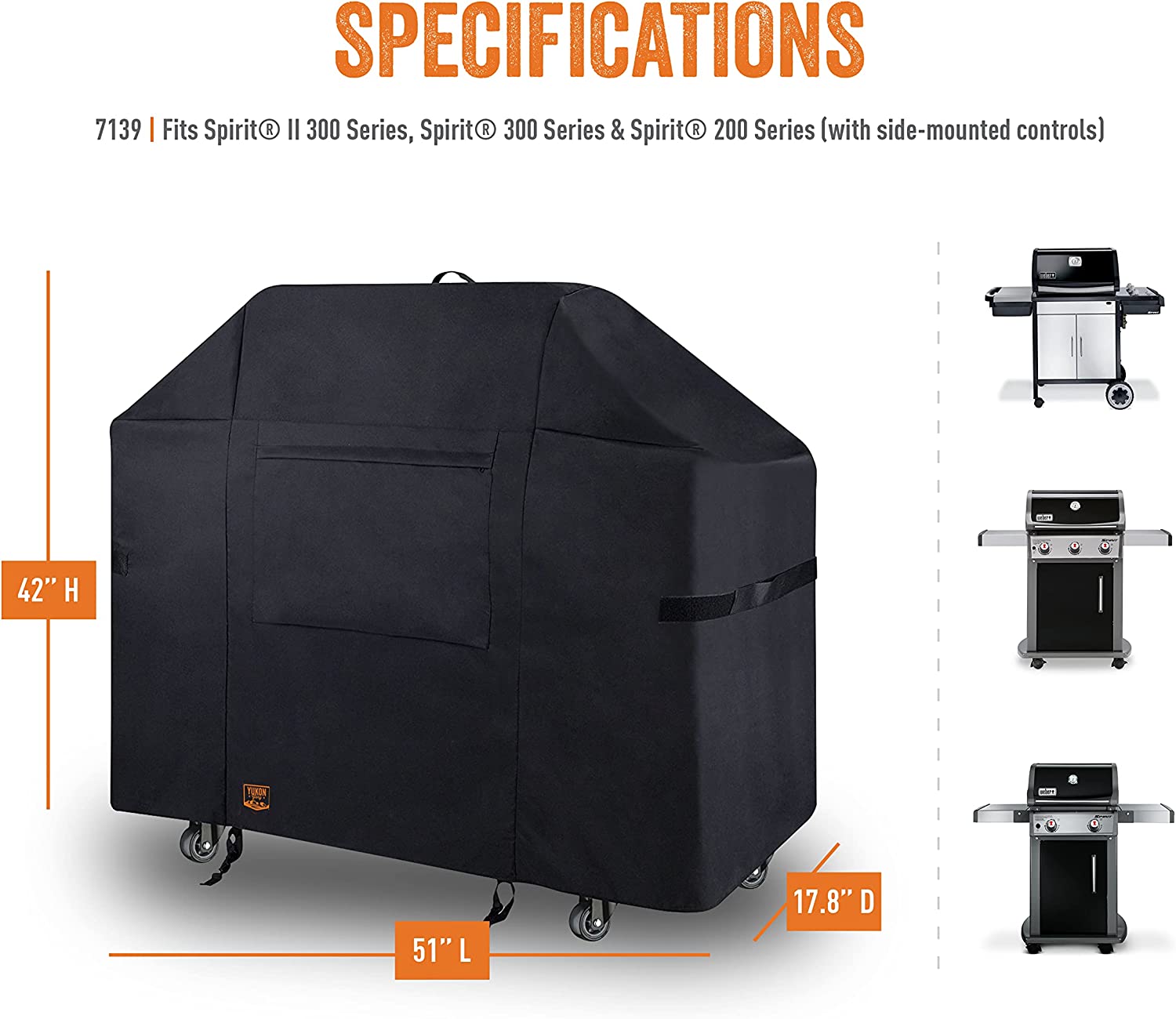 Yukon Glory Barbecue Grill Cover for Weber Spirit II 300 & Spirit 200 Series. The Heavy Duty BBQ Cover is 27 W x 52 L x 57 H & Protects Your Grill from Outside Elements (with Side Mount Controls)