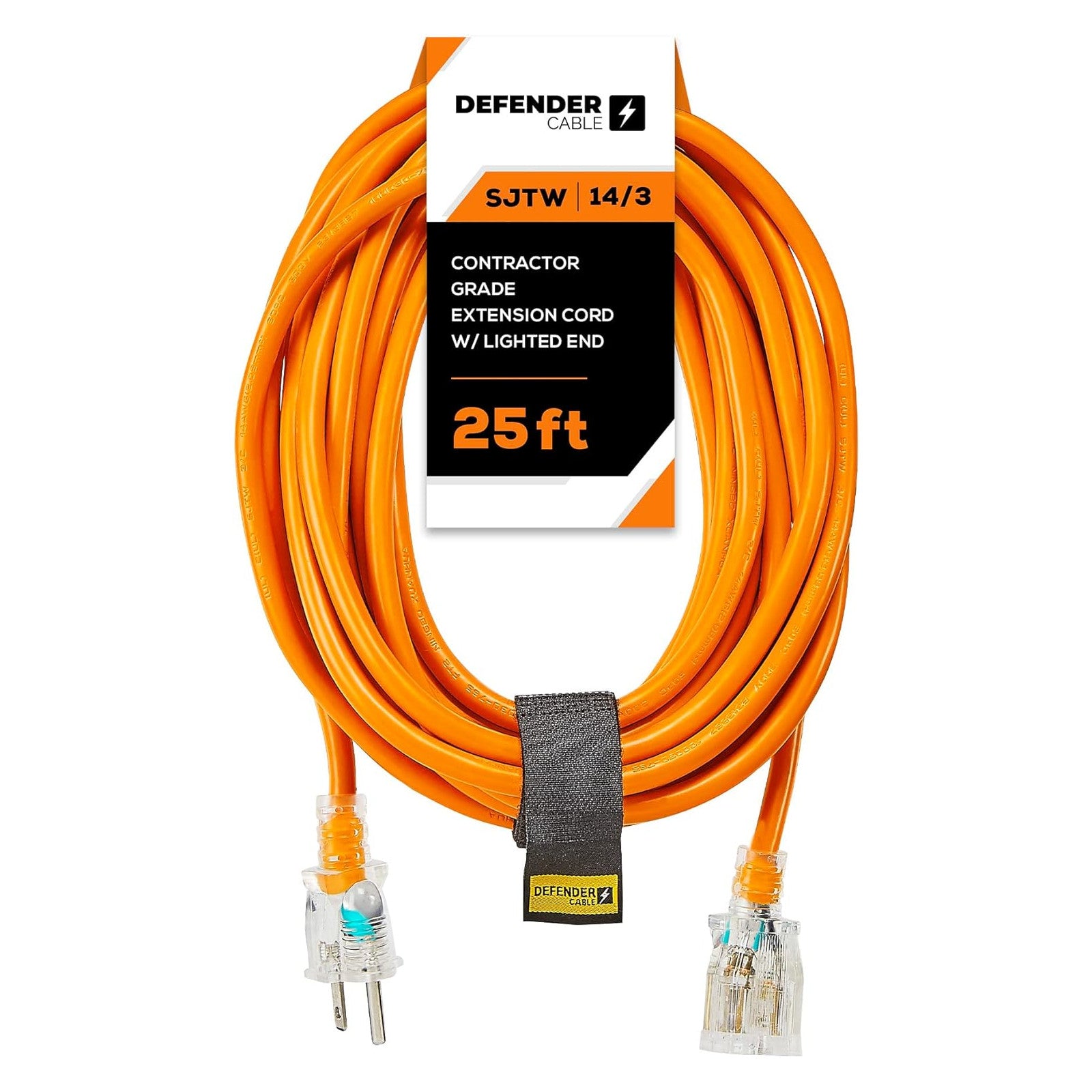 Defender Cable 14/3 Gauge, 100 ft SJTW Contractor Grade Extension Cord, with Lighted end,UL/ETL Listed, All Purpose (OSHA Compliant)