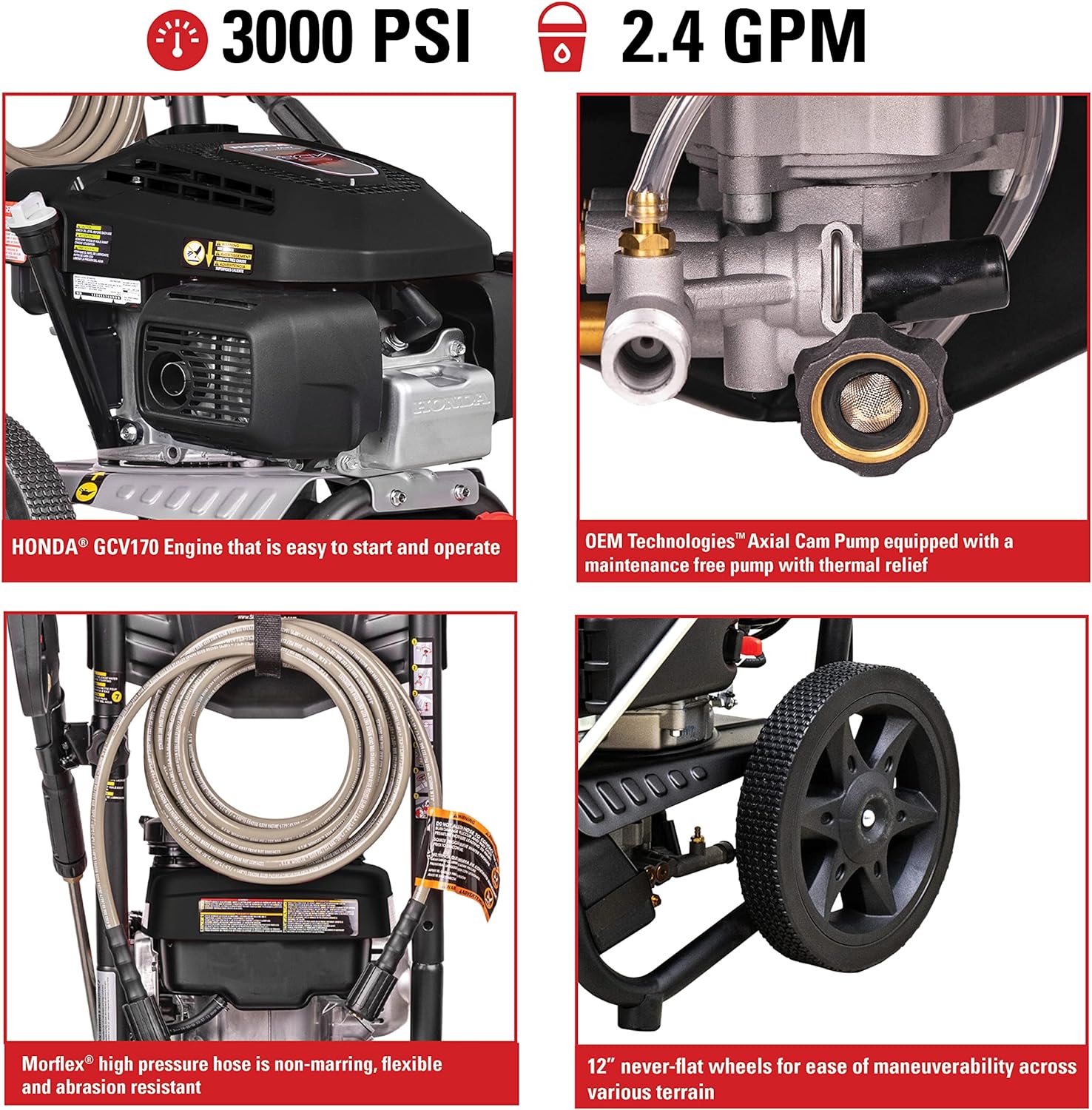 Simpson Cleaning MS60805(-S) MegaShot 3000 PSI Gas Pressure Washer, 2.4 GPM, Honda GCV170 Engine, Includes 15" Surface Cleaner, Spray Gun, Extension Wand, On-board Soap Tank, 4 QC Nozzles, 25-ft. Hose Pressure Washer 3000 PSI Honda GCV170 (Refurbished)