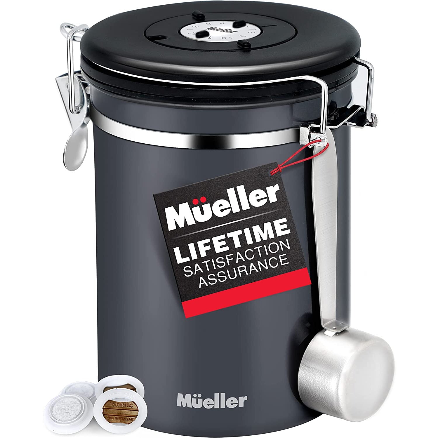 Mueller 21oz Coffee Canister Stainless Steel Container with Day and Month Tracker, Stainless Steel Spoon Included