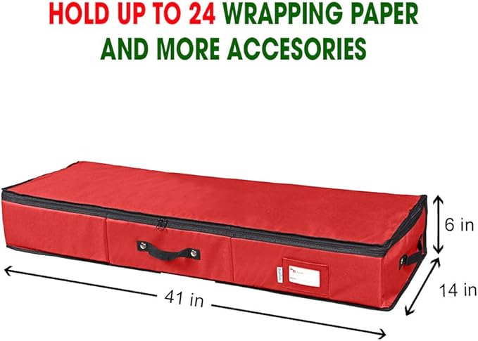 Wrapping Paper Storage Container | Gift Wrap Organizer Under Bed | 41x14x6 | Fits 18-24 Rolls Up to 40 | 600D Oxford | Box Holder with Pockets for Ribbon, Bows and Accessories (Red)