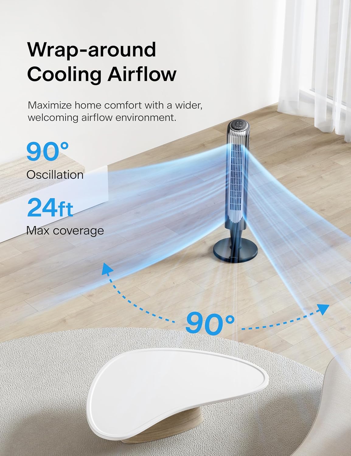 Pelonis 36-Inch Oscillating Tower Fan with Remote Control, 3 Speeds, 4 Modes and 15-Hour Timer