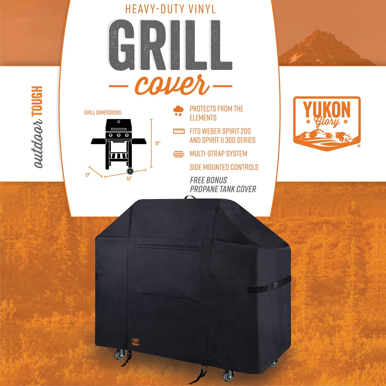 Yukon Glory Barbecue Grill Cover for Weber Spirit II 300 & Spirit 200 Series. The Heavy Duty BBQ Cover is 27 W x 52 L x 57 H & Protects Your Grill from Outside Elements (with Side Mount Controls)