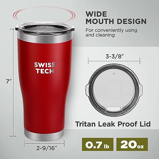 SWISS+TECH 20 oz Tumbler, Stainless Double Wall Vacuum Insulated Tumbler with Lid and Wide Mouth, Red