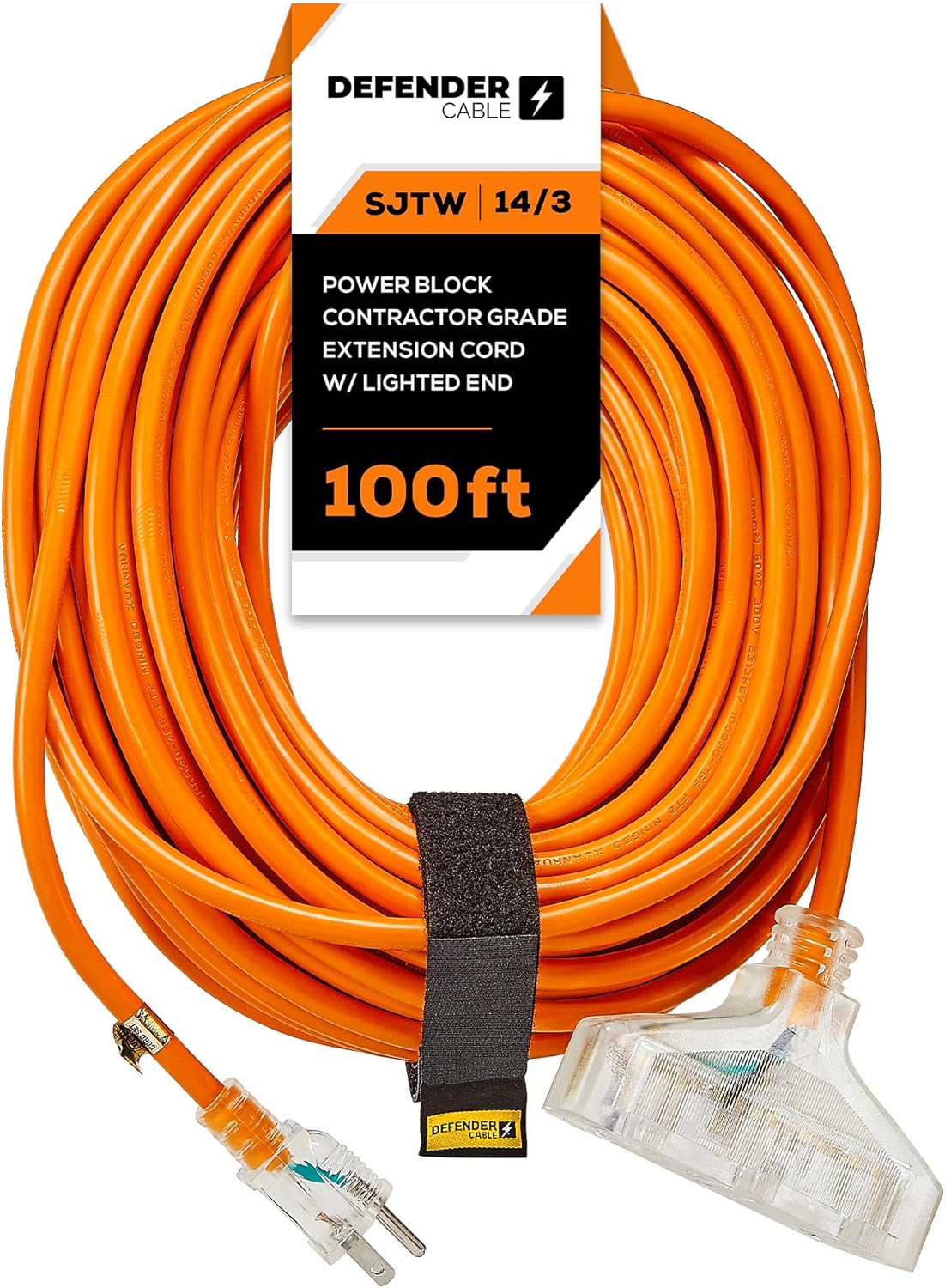 Defender Cable 14/3 Gauge, 100 ft Triple Outlet SJTW Contractor Grade Extension Cord, with Lighted end,UL/ETL Listed, All Purpose (OSHA Compliant) 100 Ft (Triple Tap)