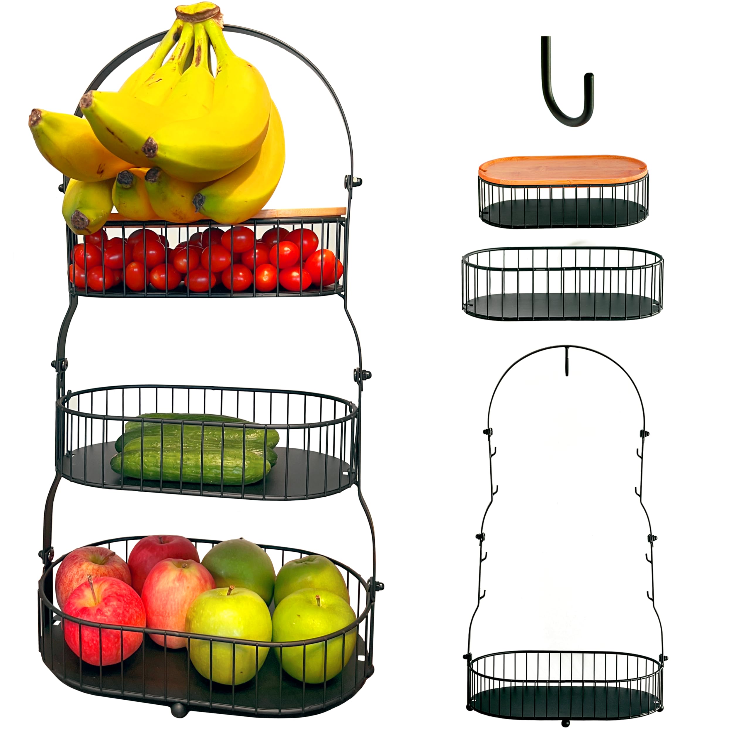 Ever Fresh Homes 3 Tier Countertop Fruit Holder for Kitchen Counter with Removable Baskets, Banana Hook and Bamboo Lid