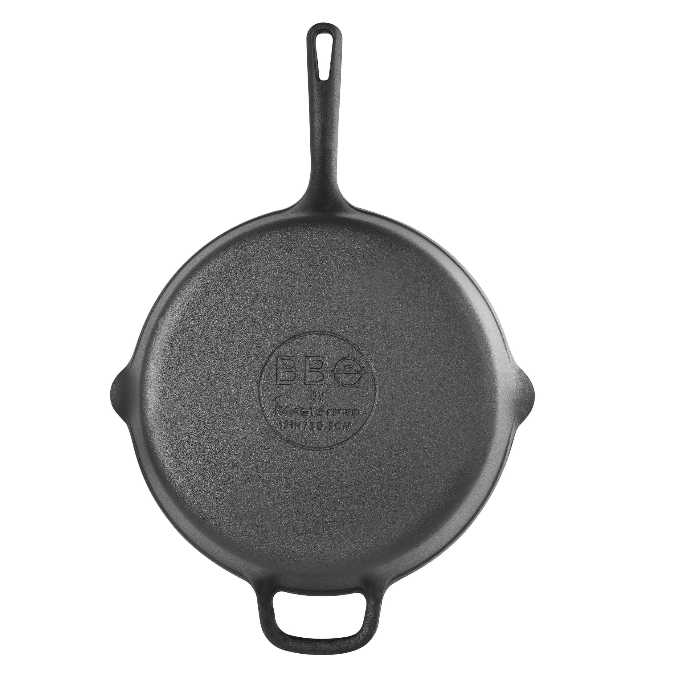 BBQ by MasterPRO - 12" Pre Seasoned Cast Iron Fry Pan with Helper Handle and Dual Spouts, Black