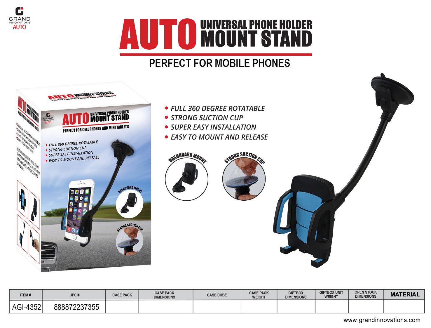 Grand Innovations Auto, Universal Phone Holder Mount Stand