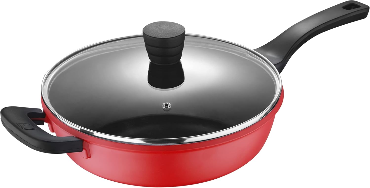 Retro by Bergner - 11" Non Stick Cast Aluminum Saute Pan with Vented Glass Lid, 4 Quarts, Red