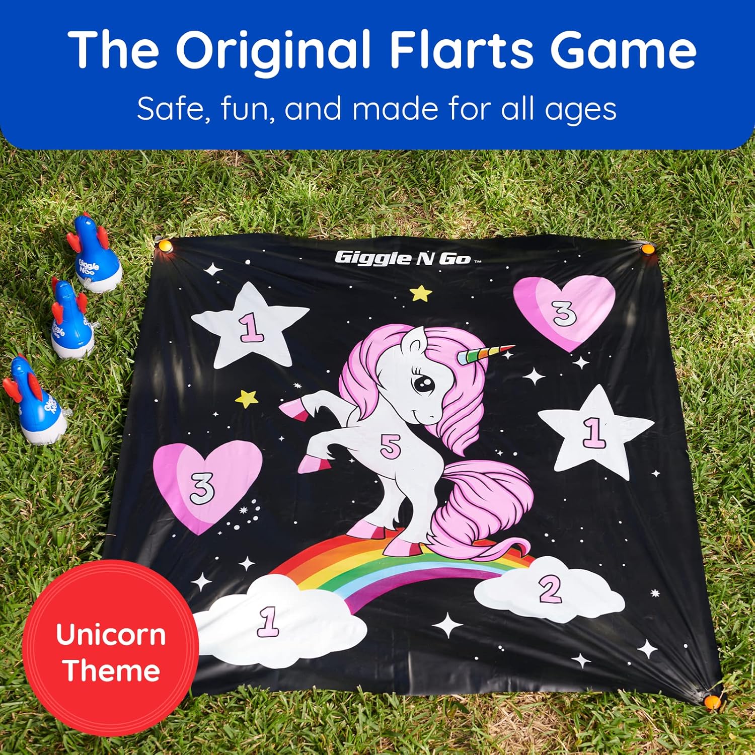 Giggle N Go Outdoor Games for Kids, Adults & Family - The Original Flarts Floor and Yard Darts Game with Inflatable Pins, Lawn Pegs and Mat Unicorn Theme