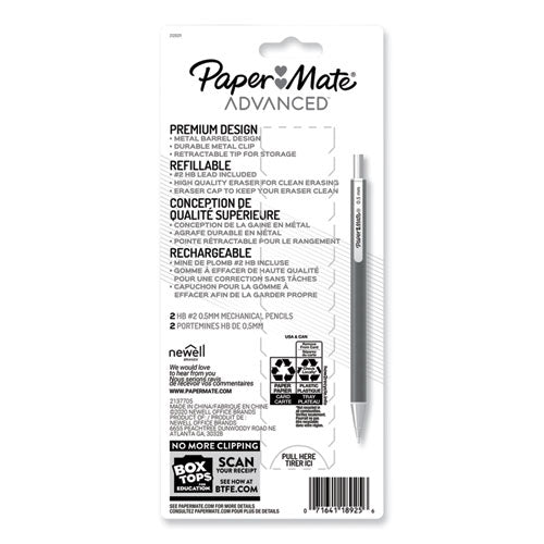 Paper Mate Advanced Mechanical Pencils 0.5 mm, HB (#2), Black Lead, Black; Gray Barrel, 2/Pack