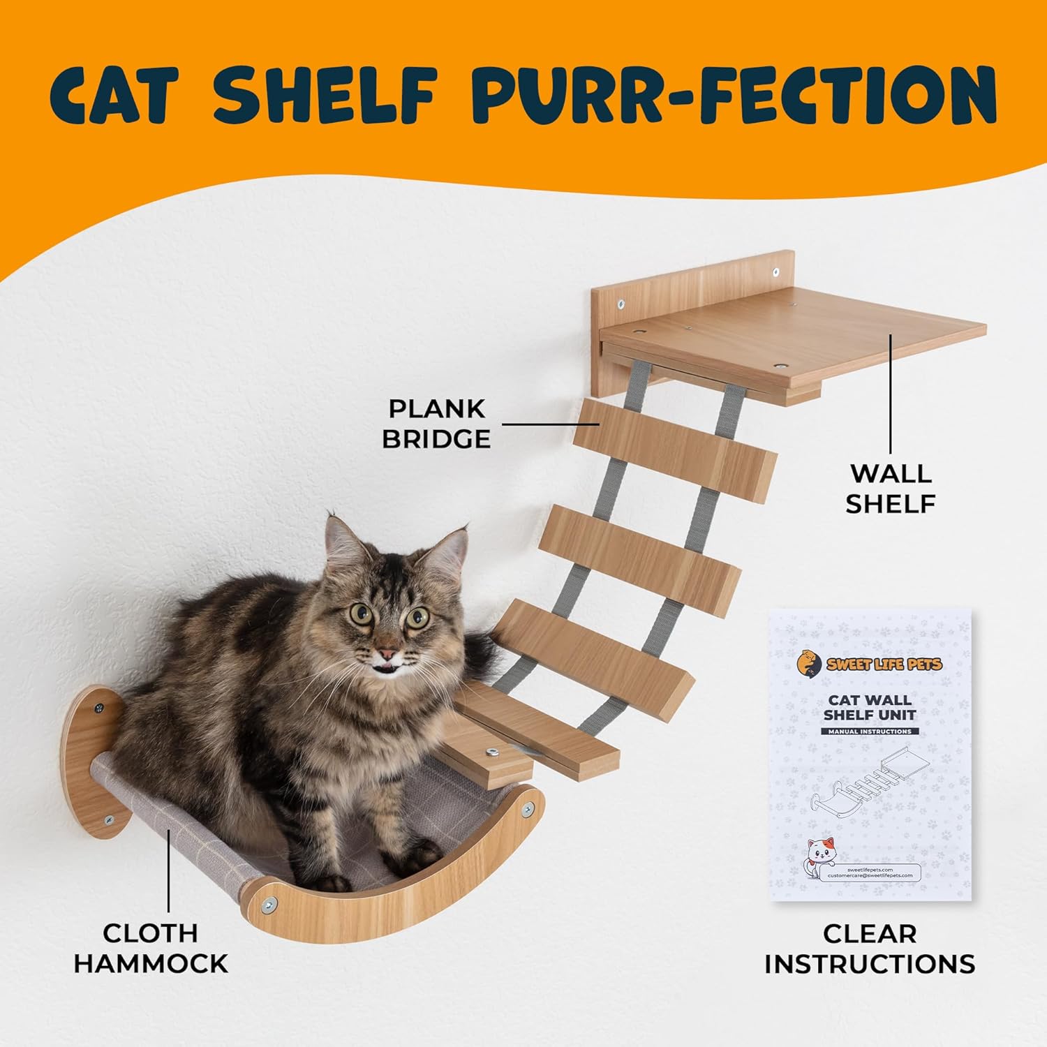 Sweet Life Pets Cat Wall Shelves Includes Wall Shelf, Plank Bridge, Cloth Hammock, Assembly Manual and Mounting Hardware