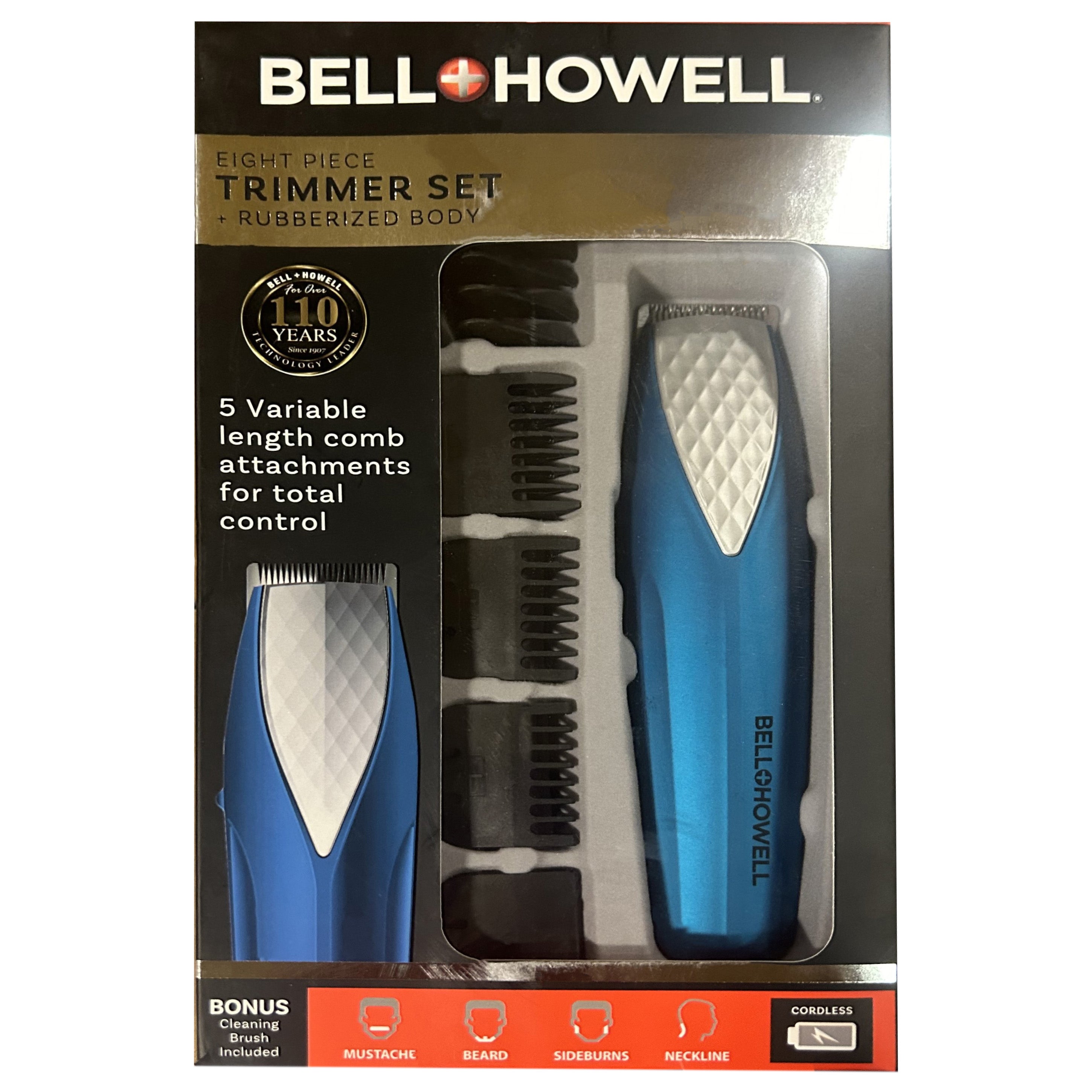Bell & Howell Eight Piece Cordless Trimmer Set + Rubberized Body (Blue)