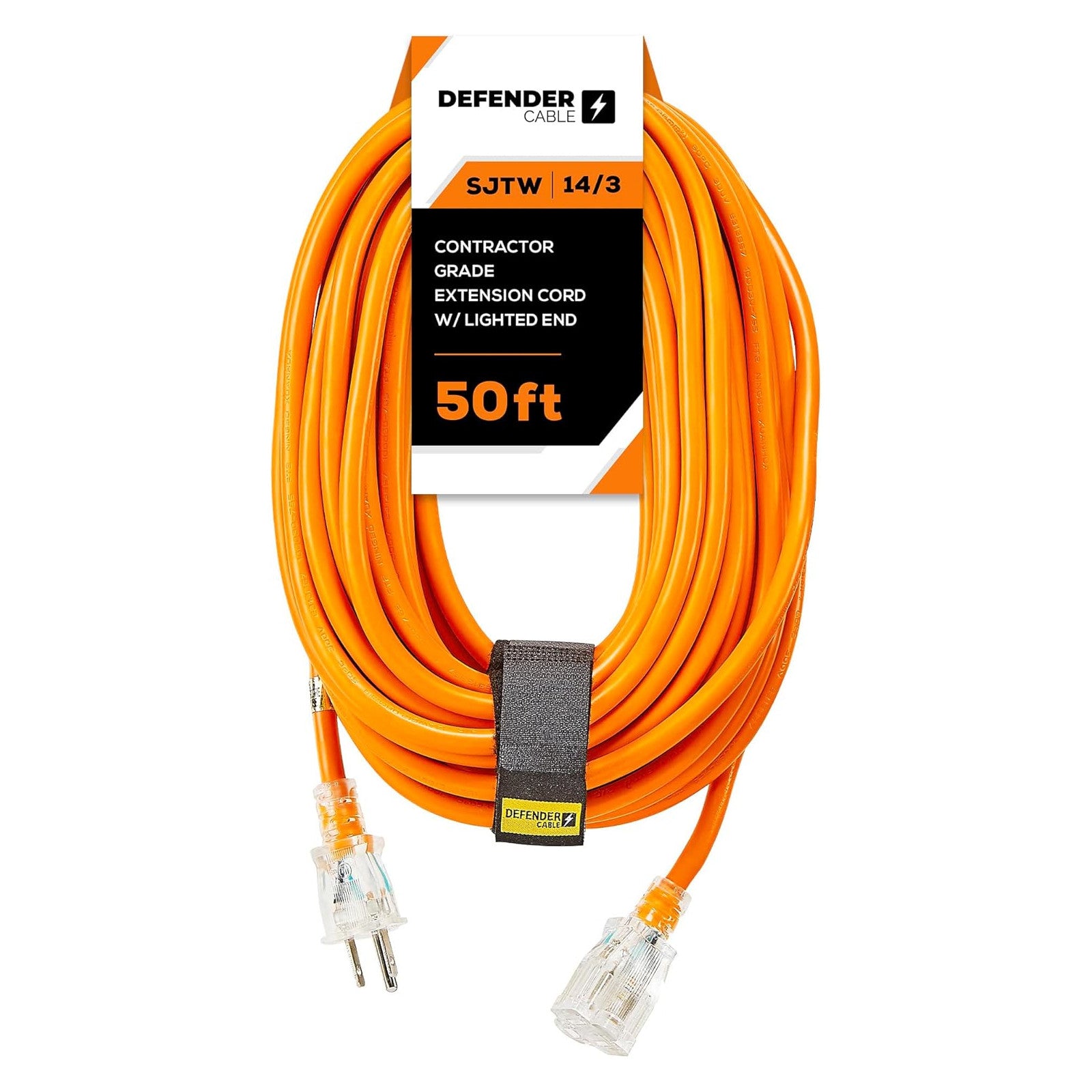 Defender Cable 14/3 Gauge, 100 ft SJTW Contractor Grade Extension Cord, with Lighted end,UL/ETL Listed, All Purpose (OSHA Compliant)