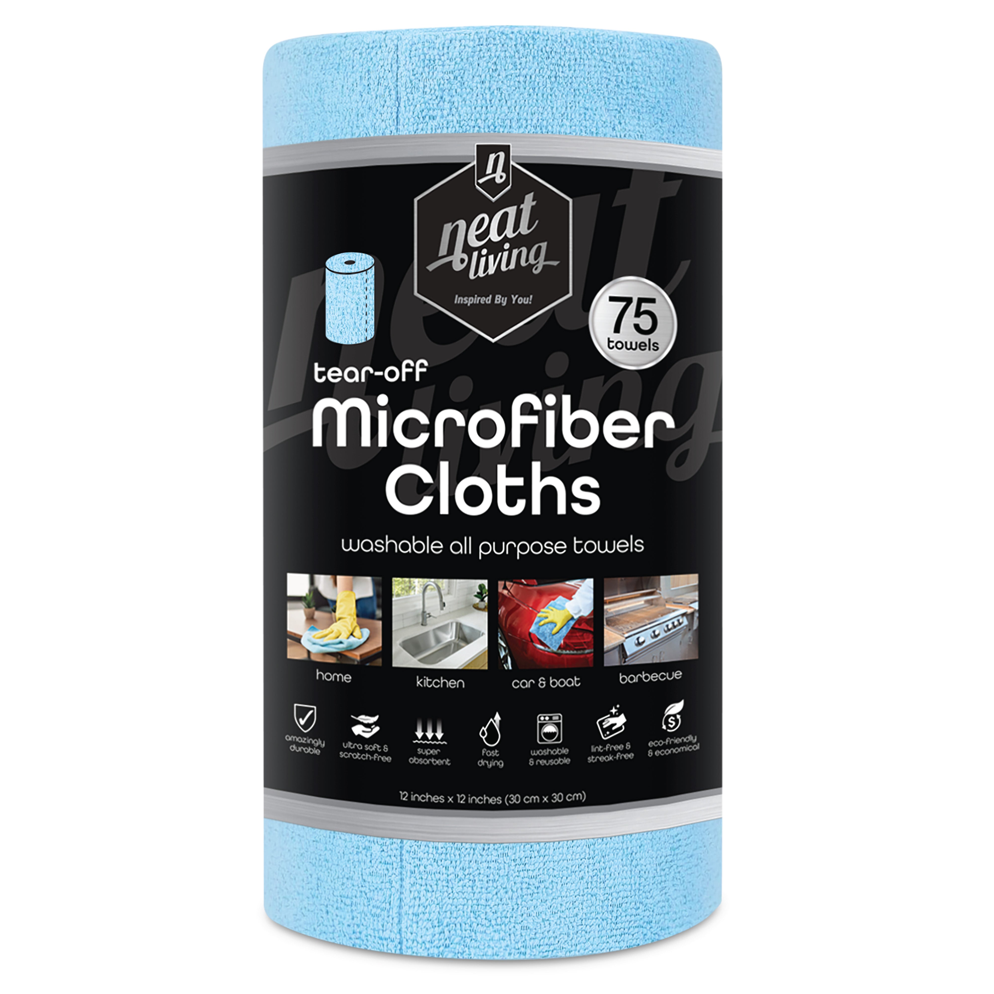 Neat-Living 75-Sheet Tear Off Microfiber Cloths, Washable All Purpose Towels, 12in x 12in