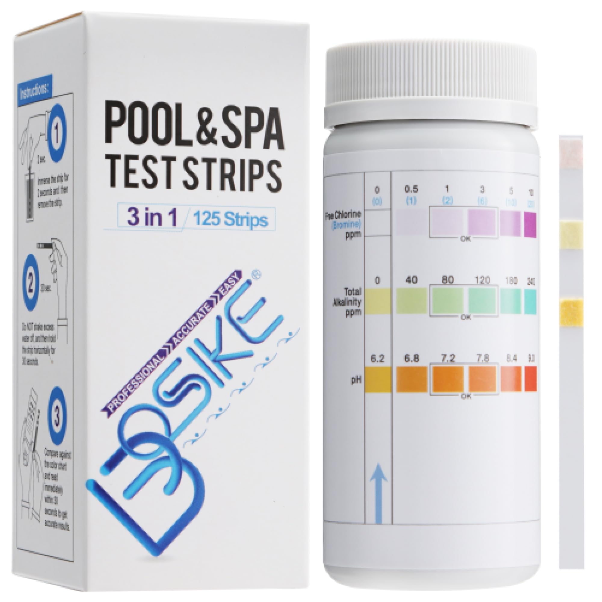 BOSIKE 3 in 1 Hot Tub & Pool Test Strips - 125 ct -