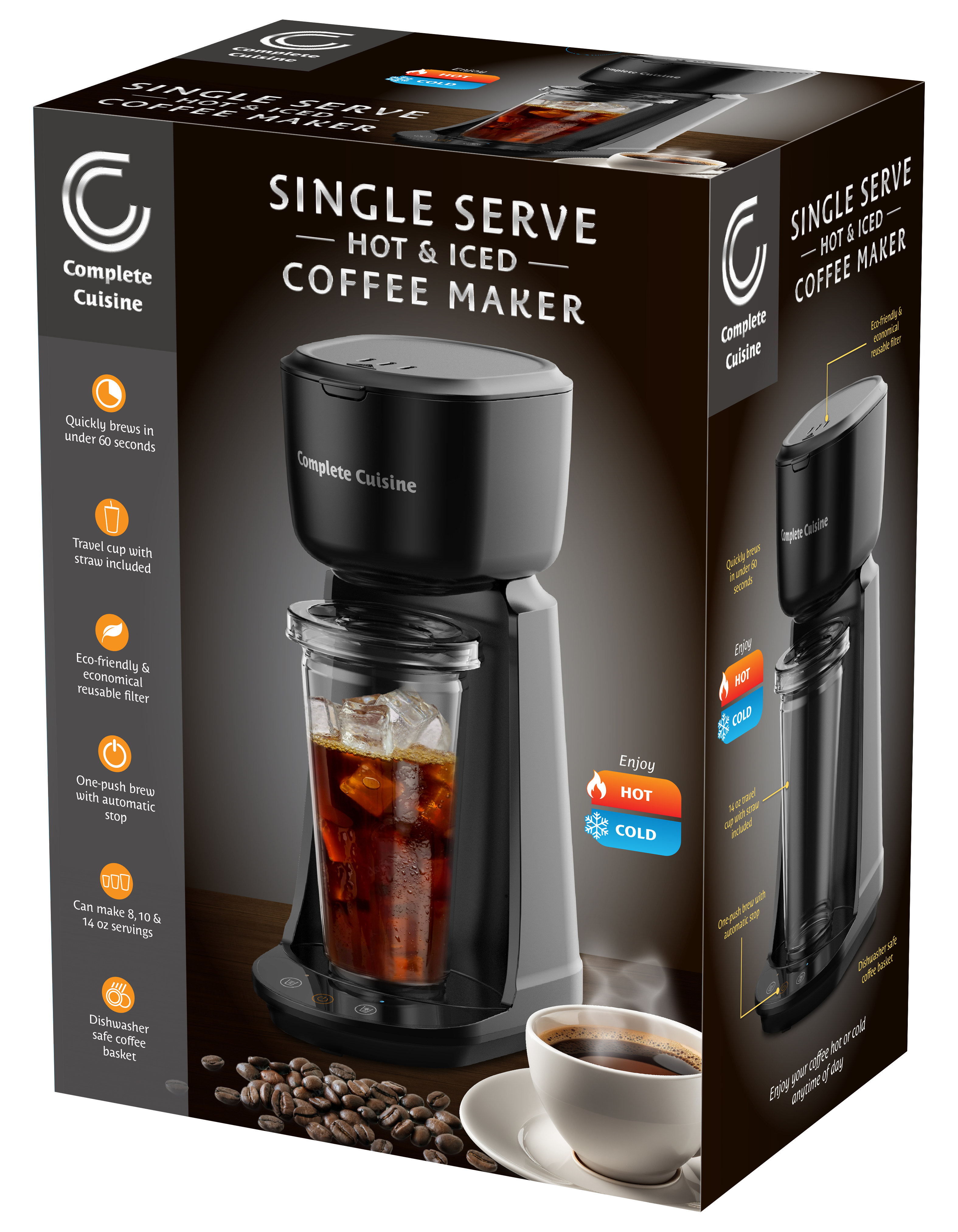 Single Serve Hot & Iced Coffee Maker with Travel cup and Straw Included