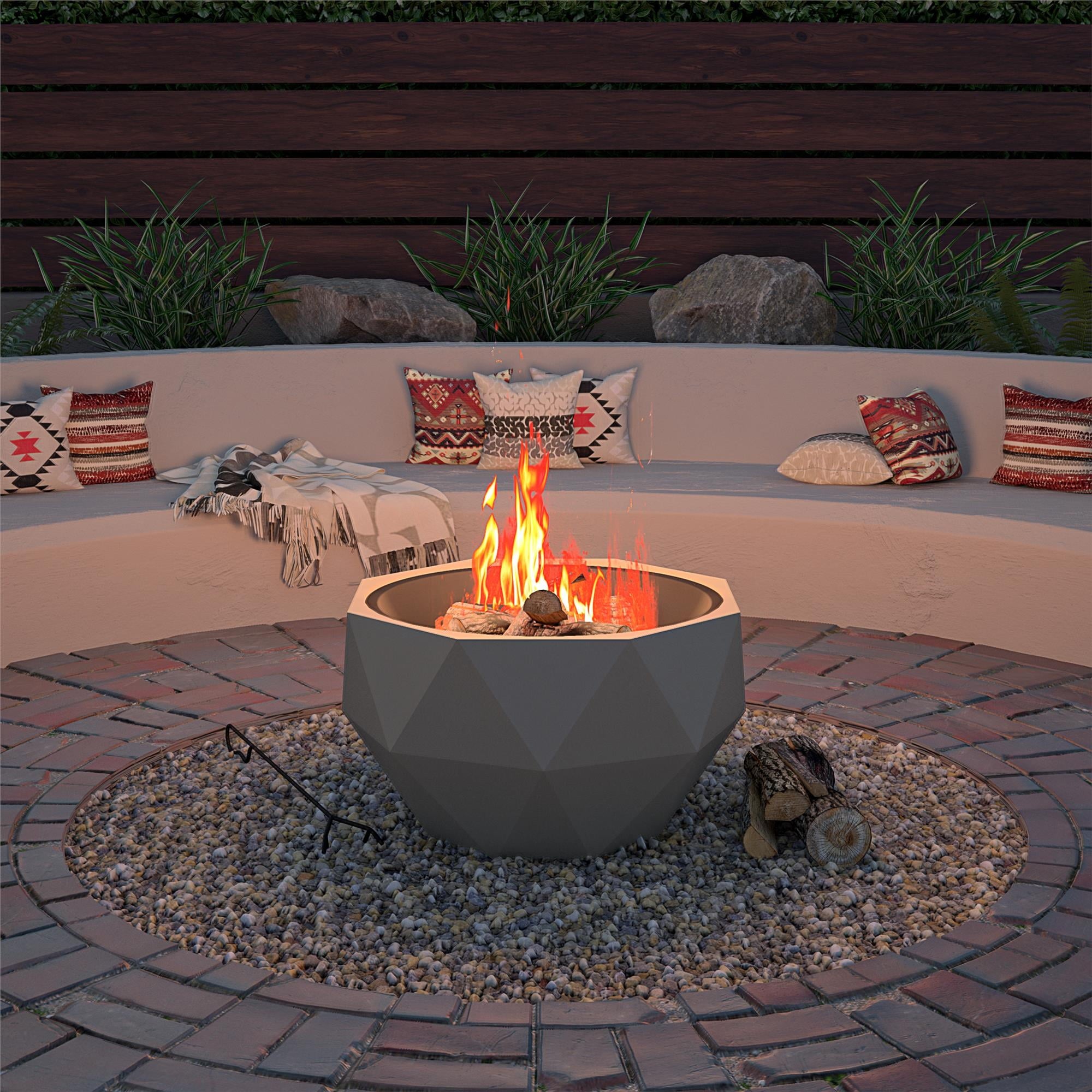 COSCO Outdoor 25" Geo Wood Burning Fire Pit with Rain Cover and Accessories, Ceramic, Gray