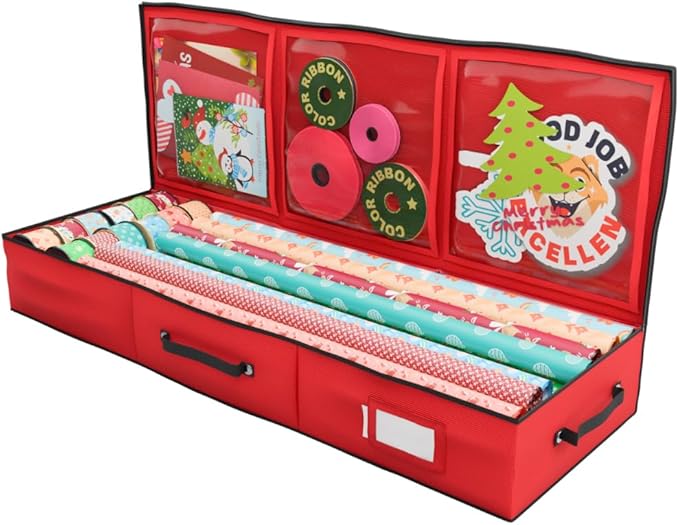 Wrapping Paper Storage Container | Gift Wrap Organizer Under Bed | 41x14x6 | Fits 18-24 Rolls Up to 40 | 600D Oxford | Box Holder with Pockets for Ribbon, Bows and Accessories (Red)