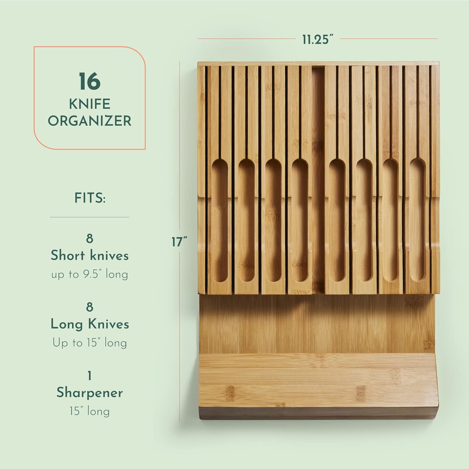 High-Grade 100% Bamboo Knife Drawer Organizer - 16 Knife Slots Plus a Sharpener Slot, 5 Pack