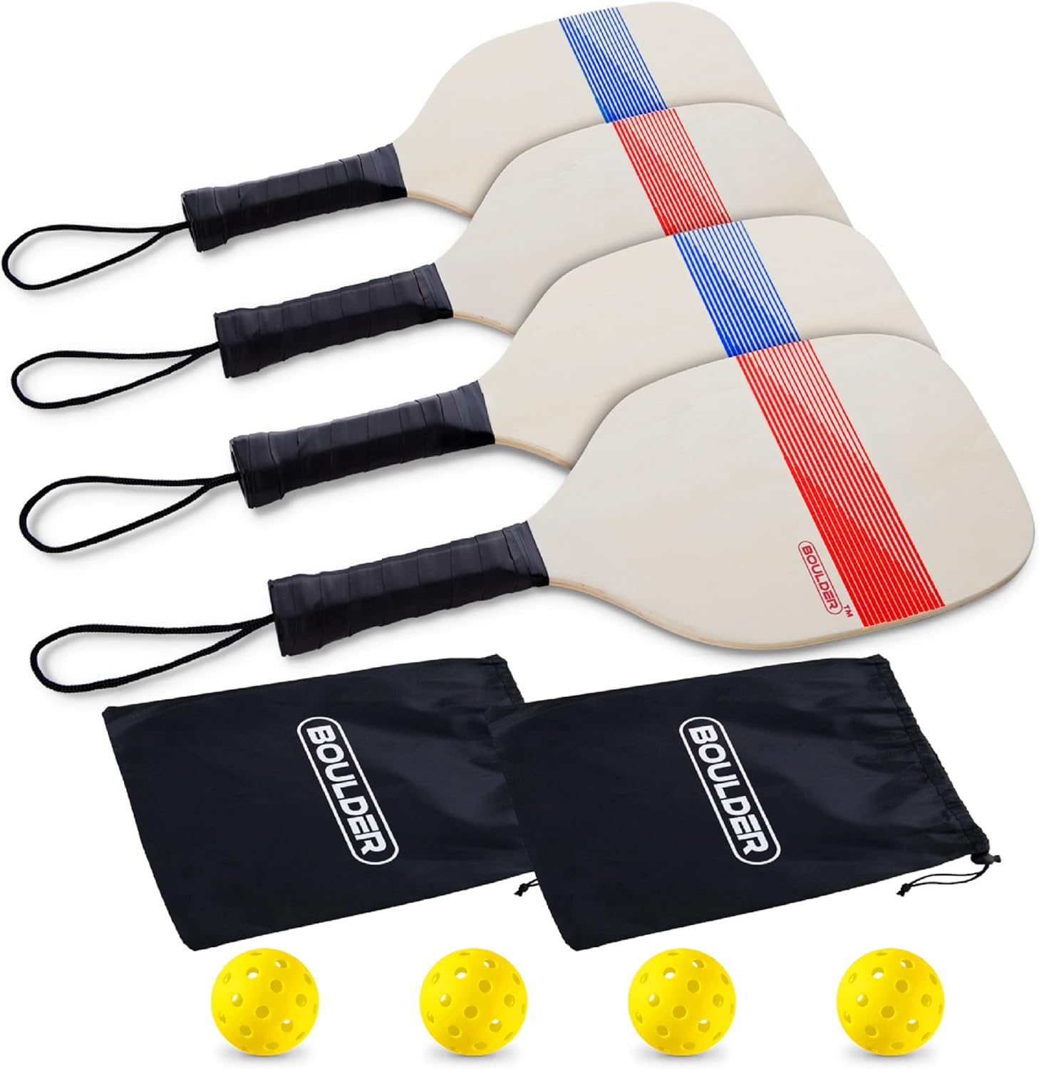 Boulder Wooden Pickleball Paddles Set of 4 - Includes 4 Pickleballs and 2 Bags - Pickleball Paddle Rackets and Pickle Ball Set for Kids & Adults for Indoor or Outdoor Games