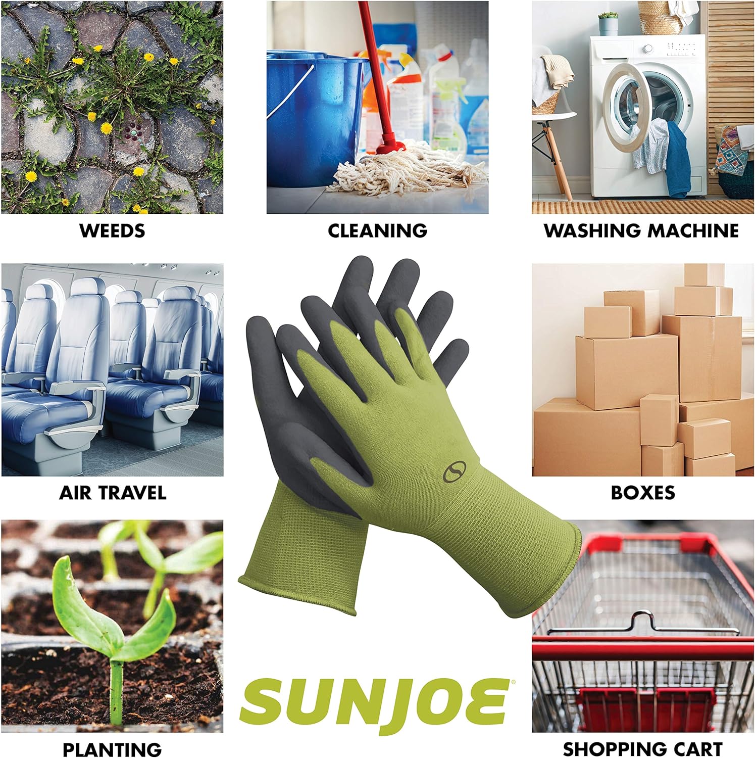 Sun Joe GGNP-S3-SJG Multi-Use Nitrile-Palm Reusable/Washable Gloves, Breathable, One Size Fits Most, For Gardening, DIY Work, Cleaning and More, 3-Pack, Green