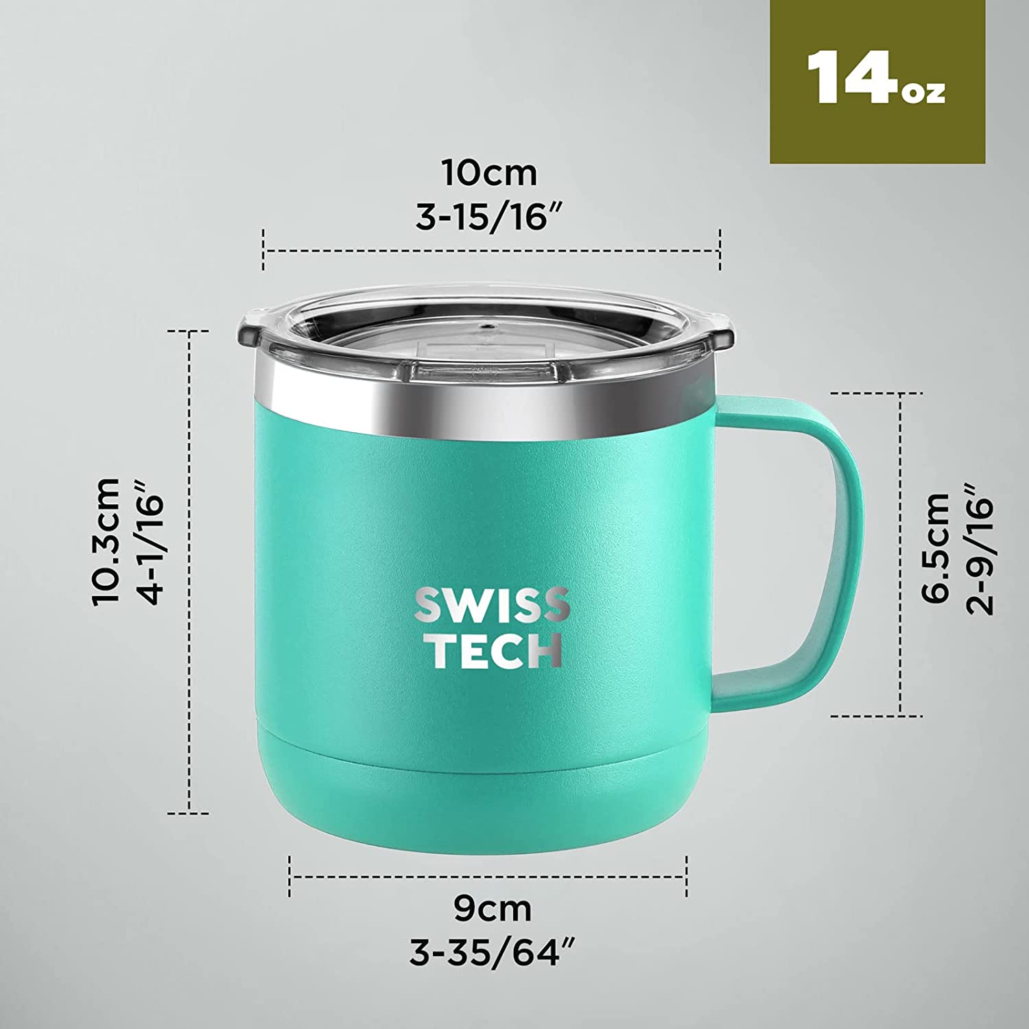 SWISS+TECH 14 oz Coffee Mug, Vacuum Insulated Mug Cup with Lid, Double Wall Stainless Steel Travel Tumbler Cup, Green