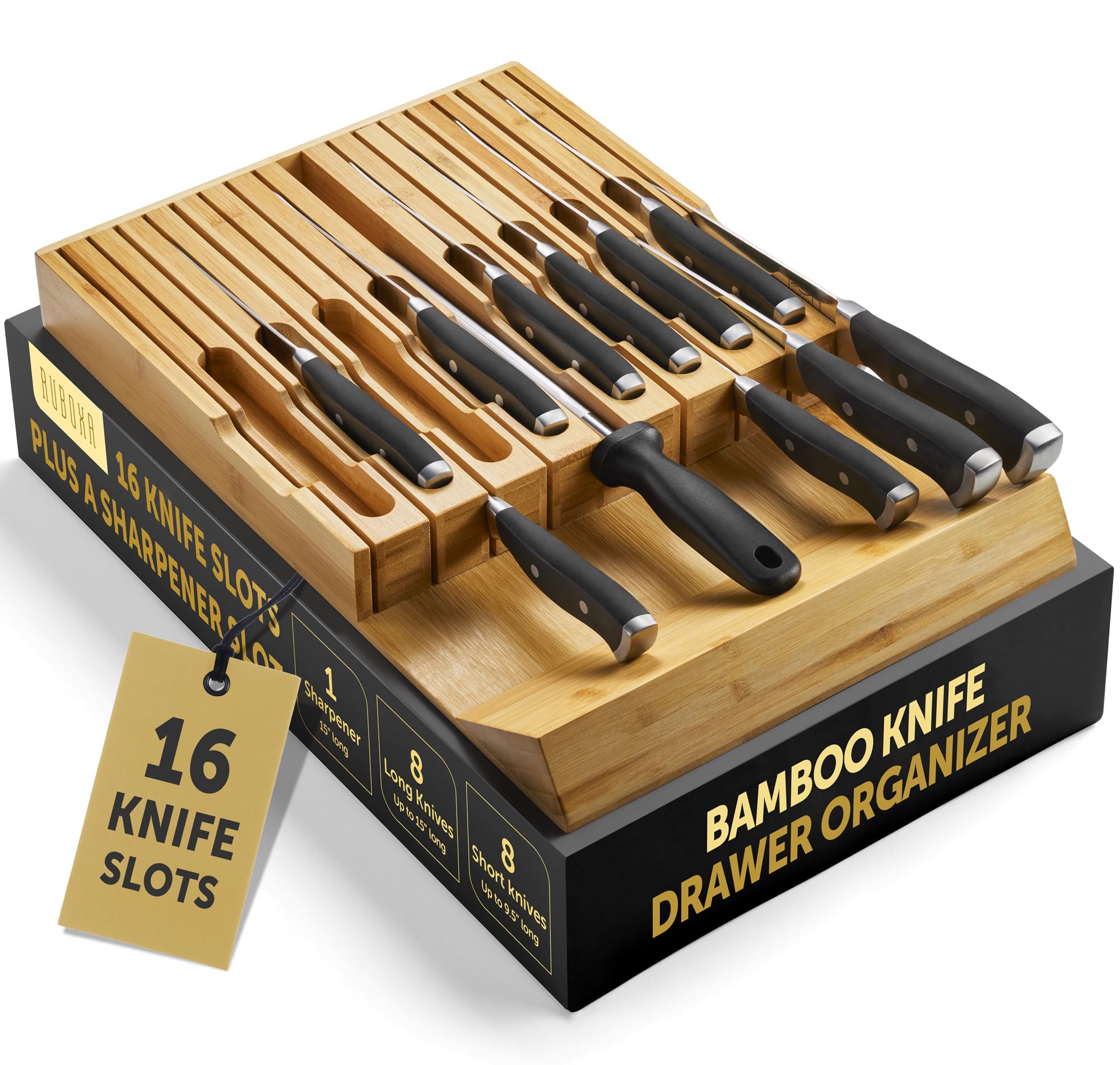 High-Grade 100% Bamboo Knife Drawer Organizer with 16 Knife Slots Plus a Sharpener Slot