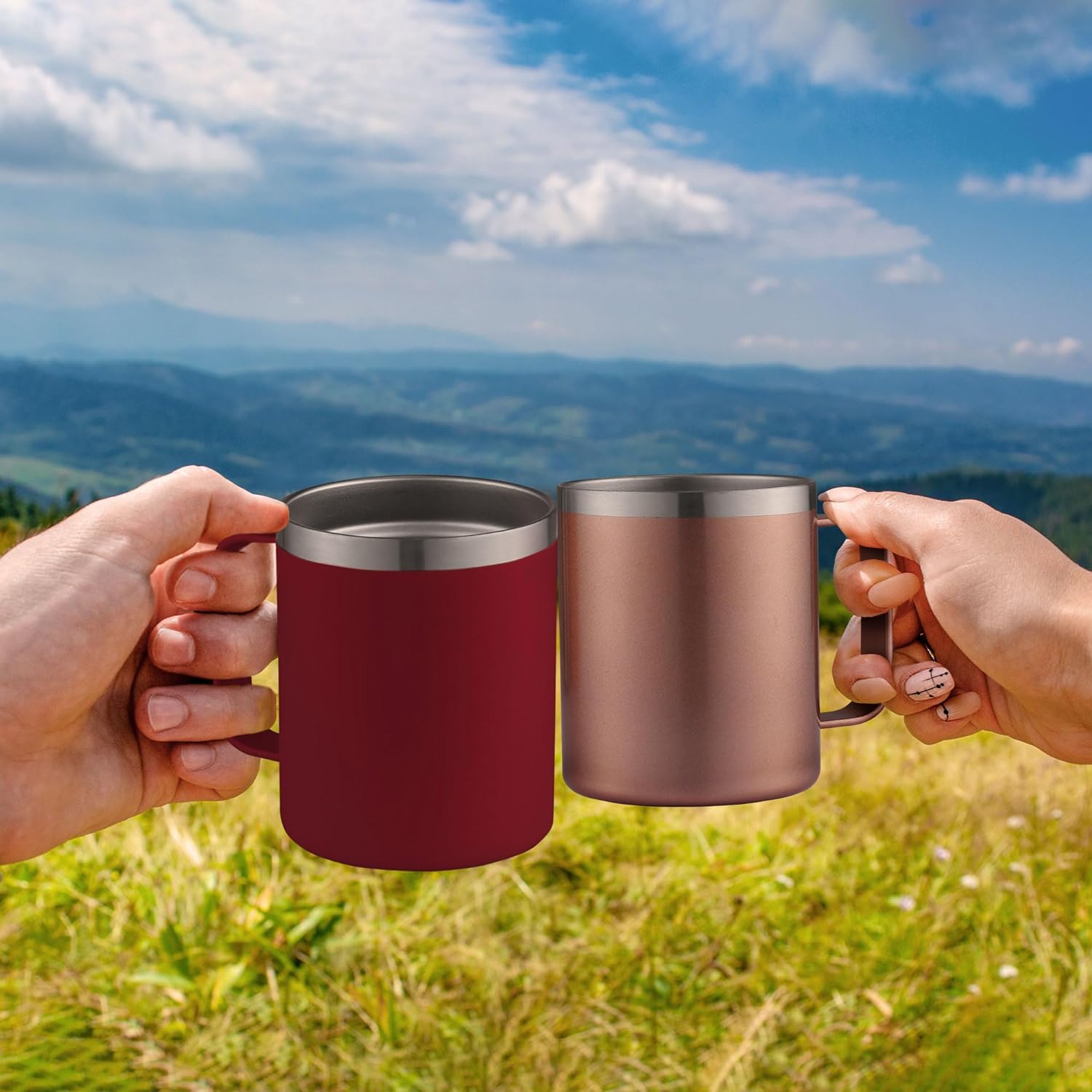 Zulay 14 oz Insulated Coffee Mug with Lid - Stainless Steel Camping Mug Tumbler with Handle - Double Wall Vacuum Duracoated Insulated Mug For Travel, Camping, Office, Outdoor Plum 14 oz with handle